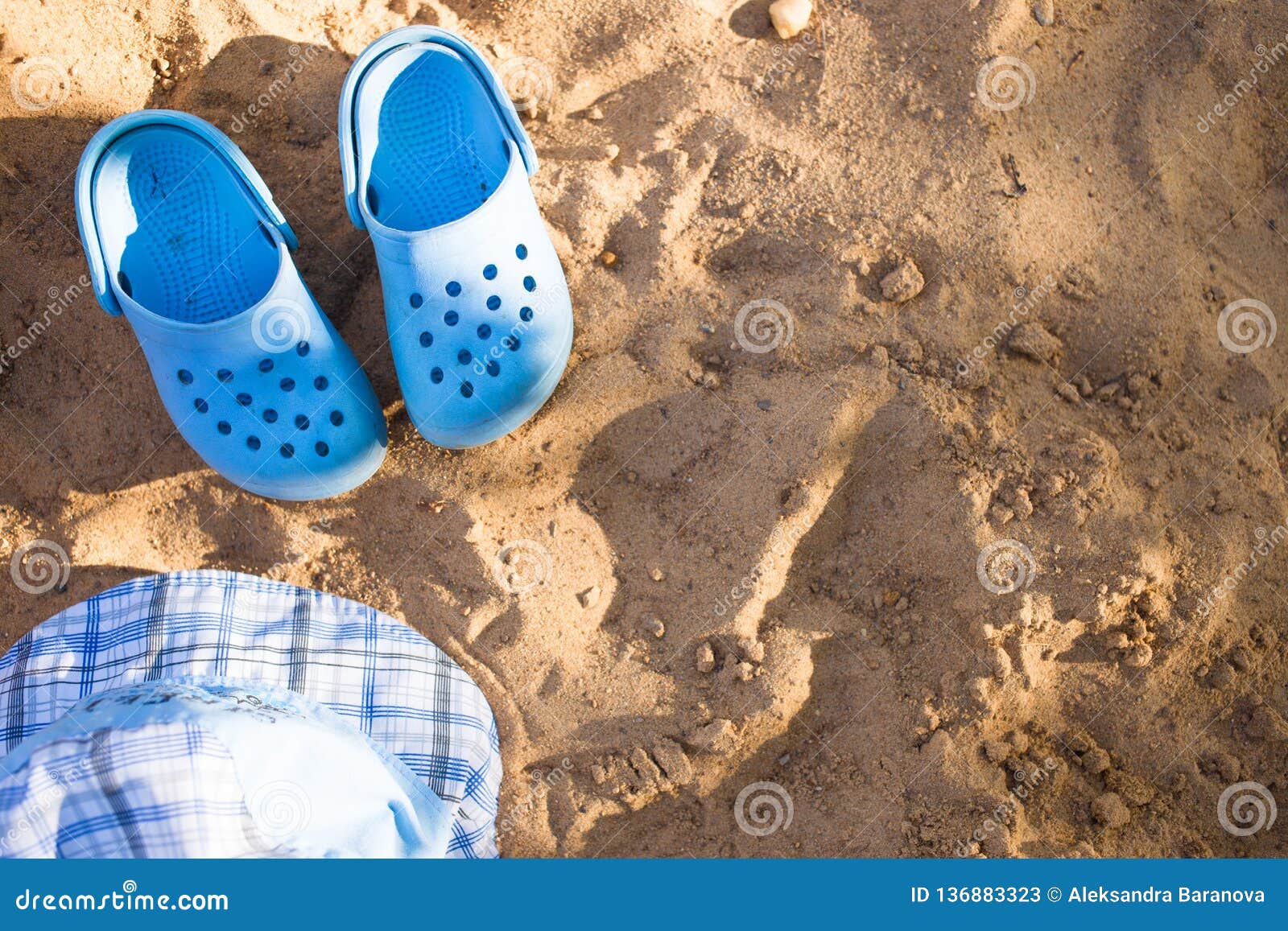 Baby Summer Beachwear, Flip Flops, Hat on Sand Beach Stock Image ...