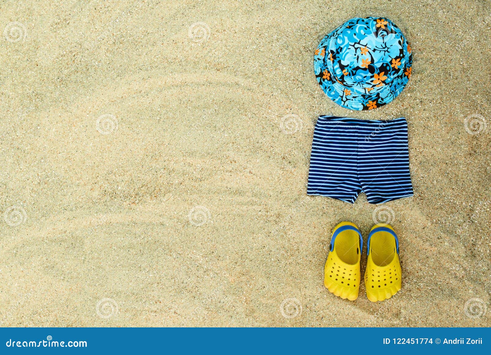 Baby Summer Beachwear, Flip Flops, Hat, Shorts on Sand Beach Stock ...