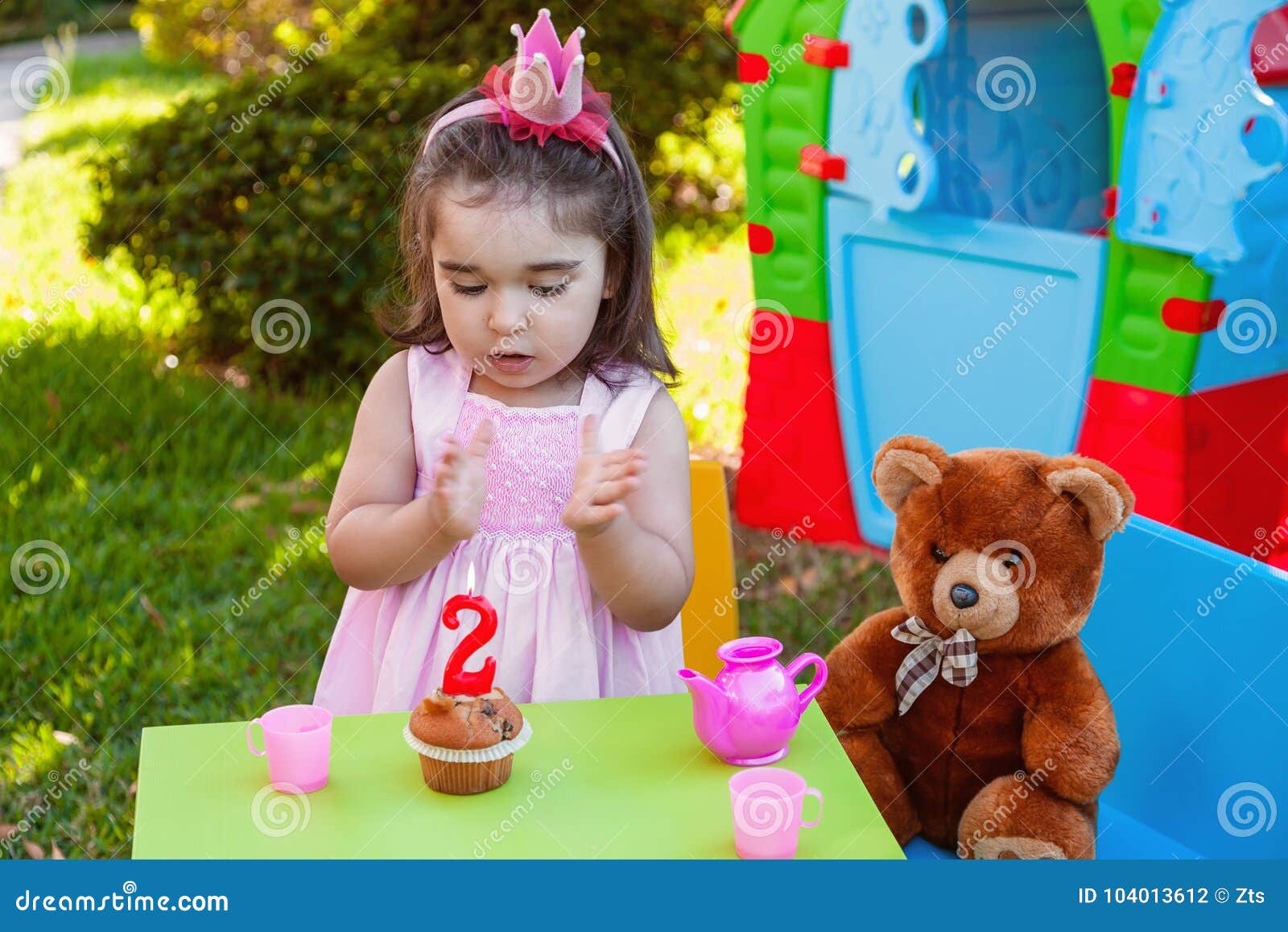 Baby Toddler Girl In Outdoor Second Birthday Party Clapping Hands At Cake With Teddy Bear As Best Friend Stock Photo Image Of Infant Female 104013612