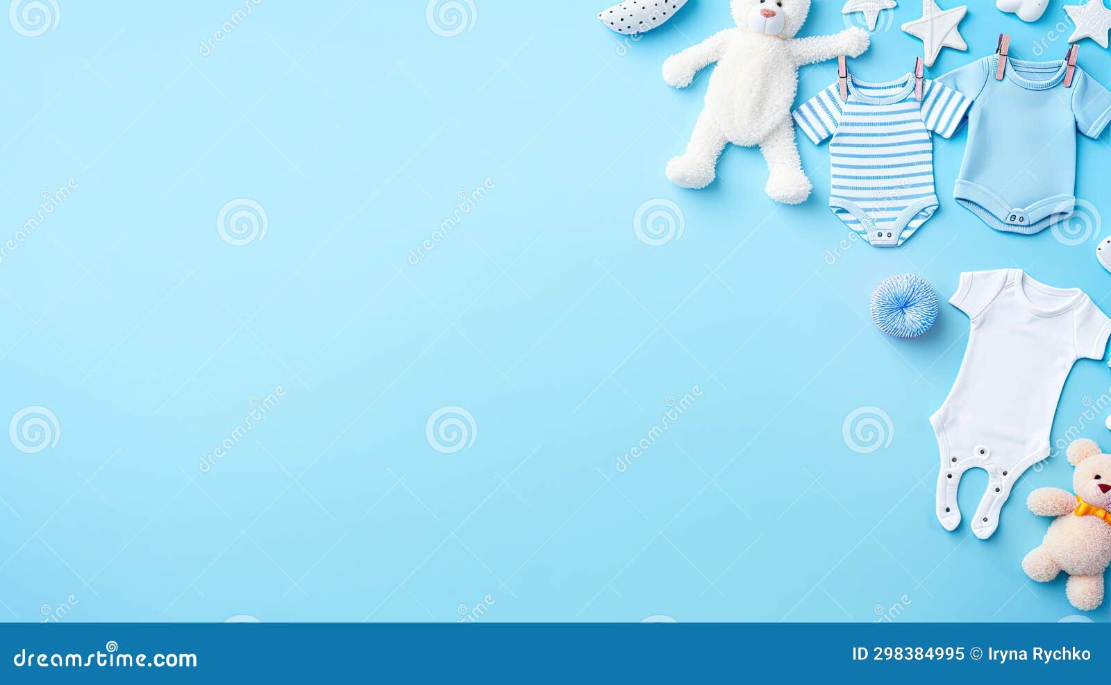 Baby Toys, Clothes on Blue Background, Copy Space Stock Image Image
