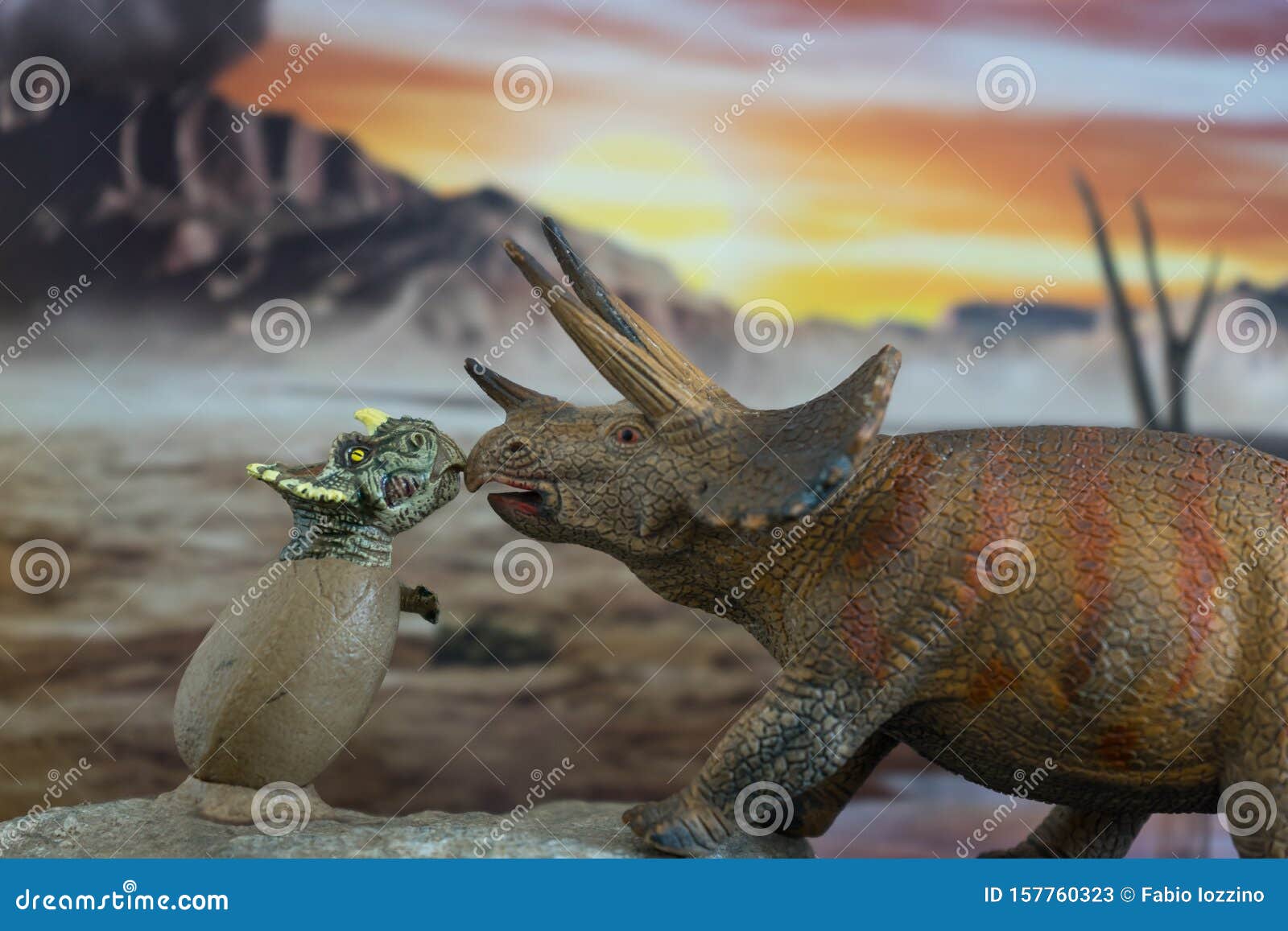 Baby Triceratops Into Egg With Triceratops Mother With Cretaceous Land In The Background Stock
