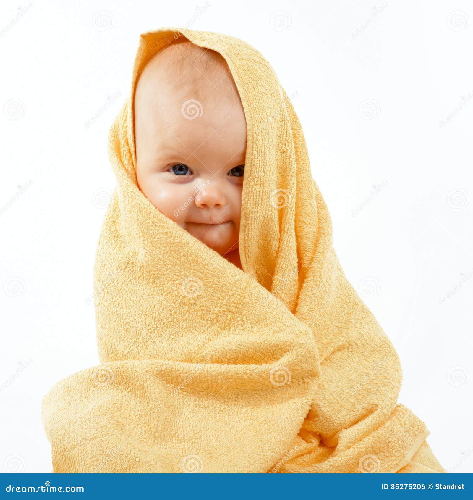 Baby in yellow towel stock photo. Image of girl, child - 85275206