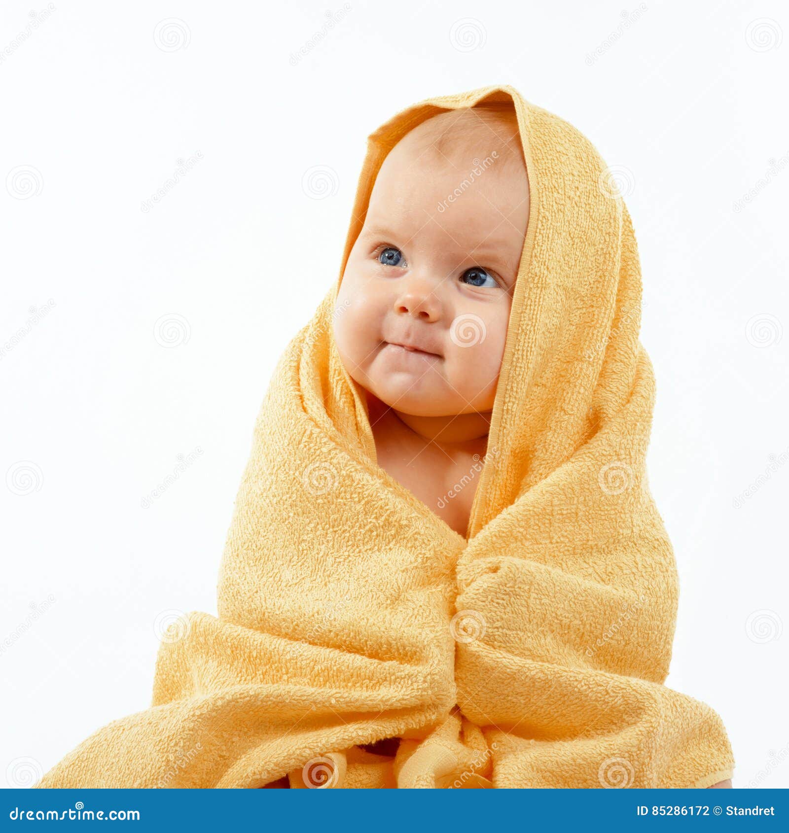 Baby in yellow towel stock photo. Image of newborn, bath - 85286172