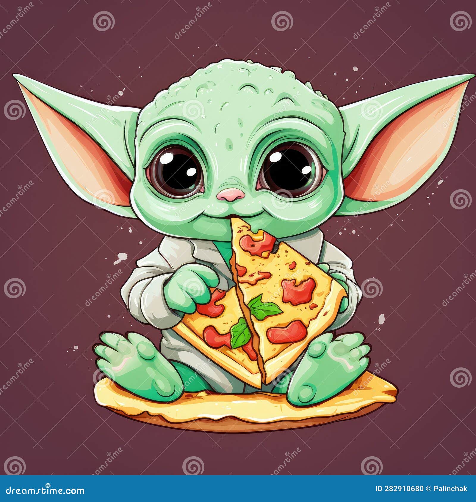 Baby Yoda Din Grogu Enjoying a Pizza. AI Generated Stock Illustration