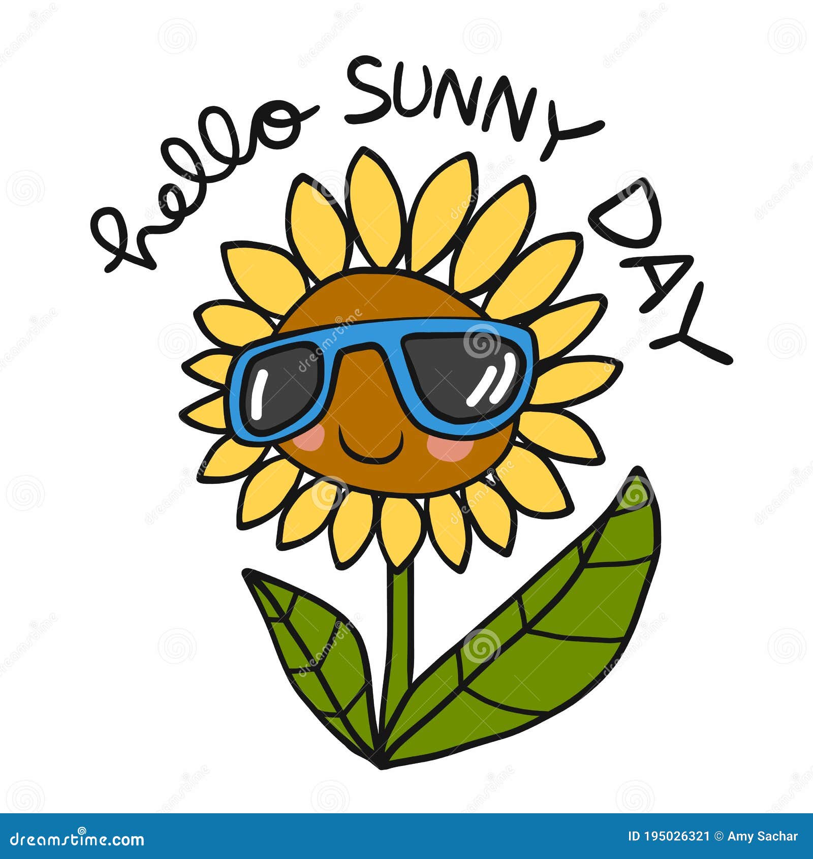 Hello Sunny Day, Sunflower Wear Sun Glasses Cartoon Illustration