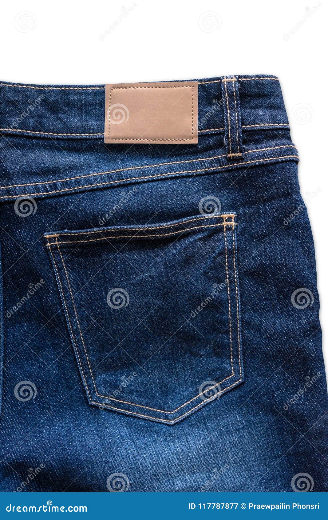 Back of Blue Jeans with Leather Jeans Label Sewed on Blue Jeans. Stock ...