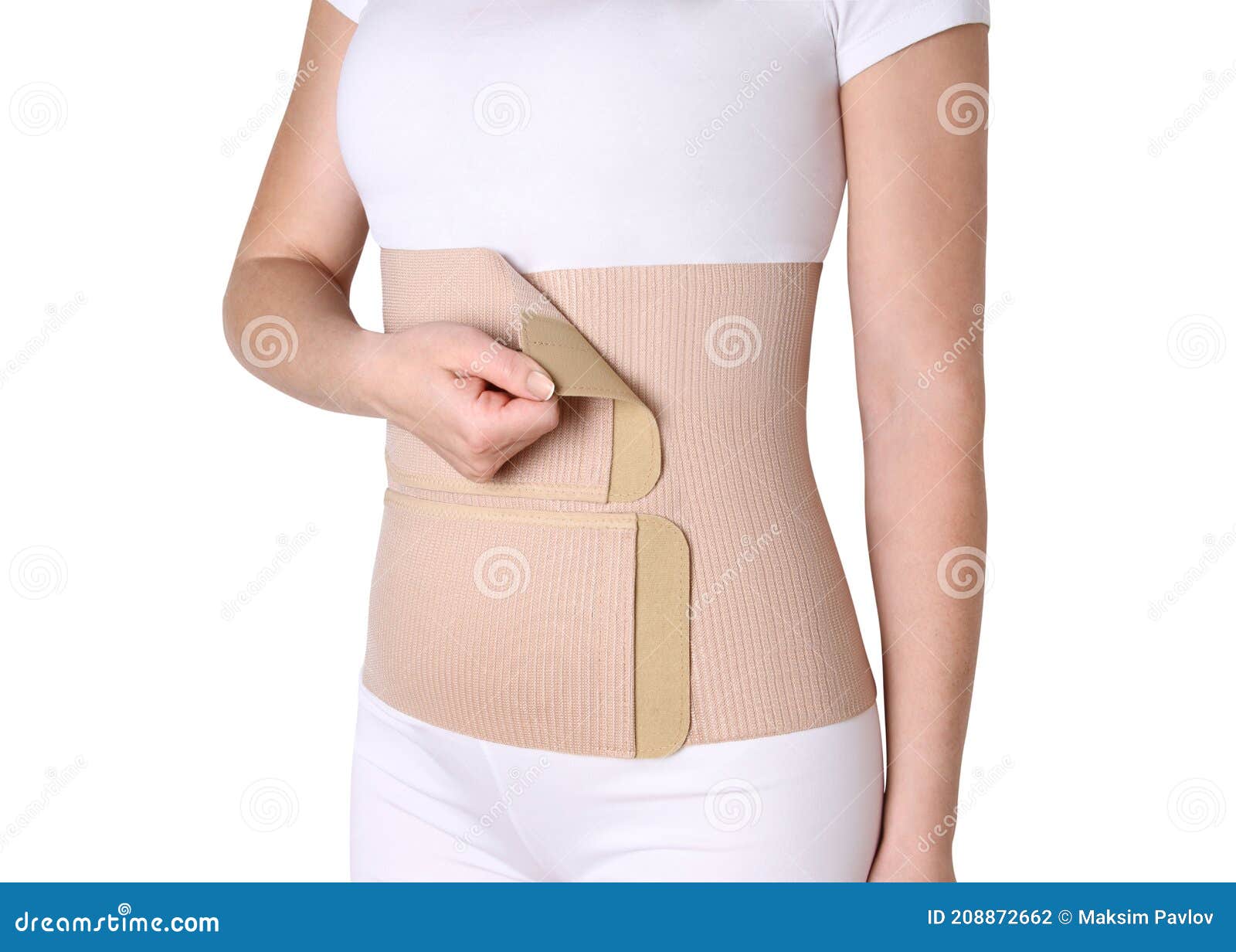 Orthopedic lumbar corset on the human body. Back brace, waist support belt  for back. Posture Corrector For Back Clavicle Spine. Post-operative Hernia  Pregnant and Postnatal Lumbar brace after surgery. Stock Photo