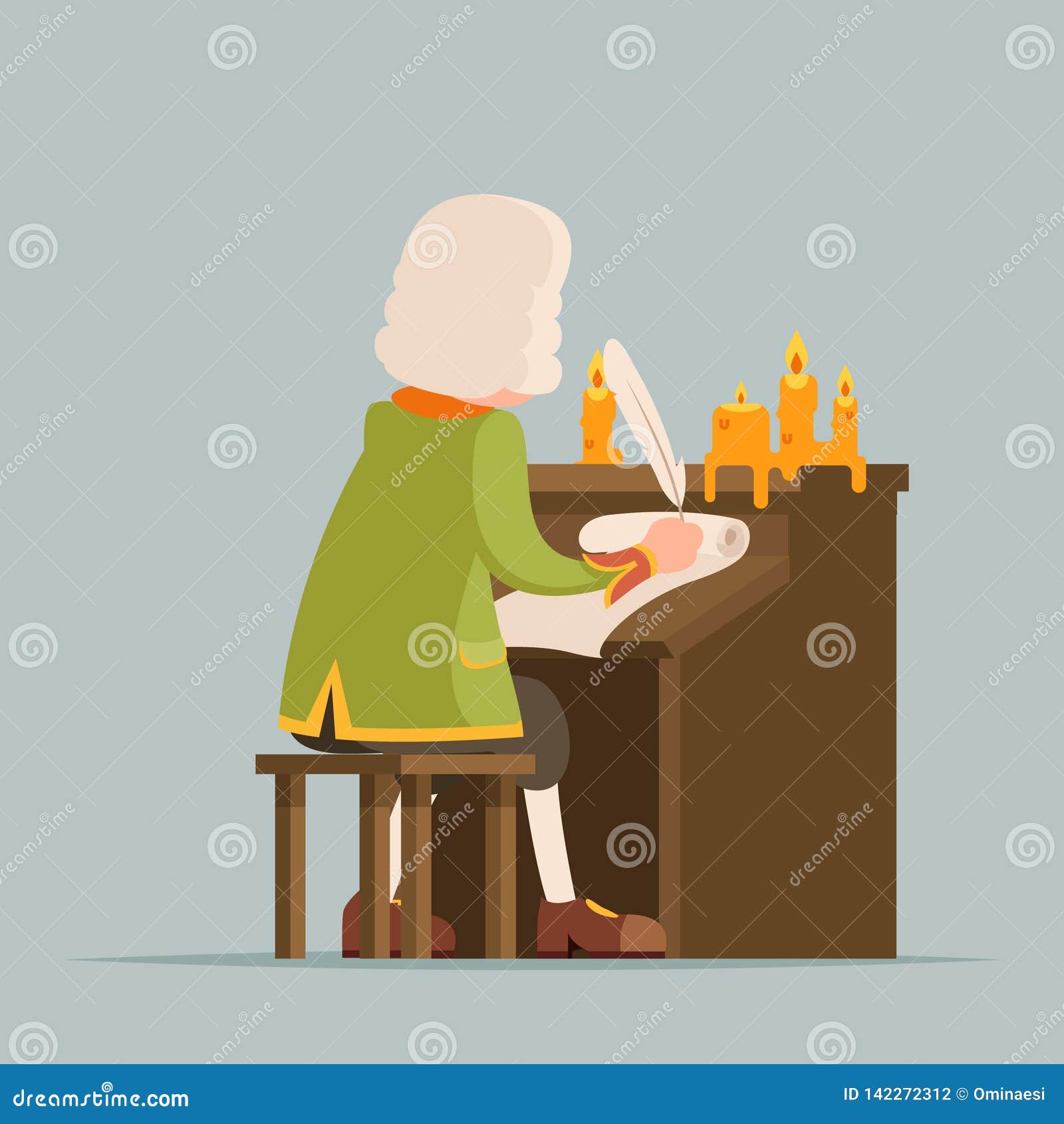 back chronicler noble writer scribe playwright medieval aristocrat periwig pen music stand scroll candles mascot cartoon