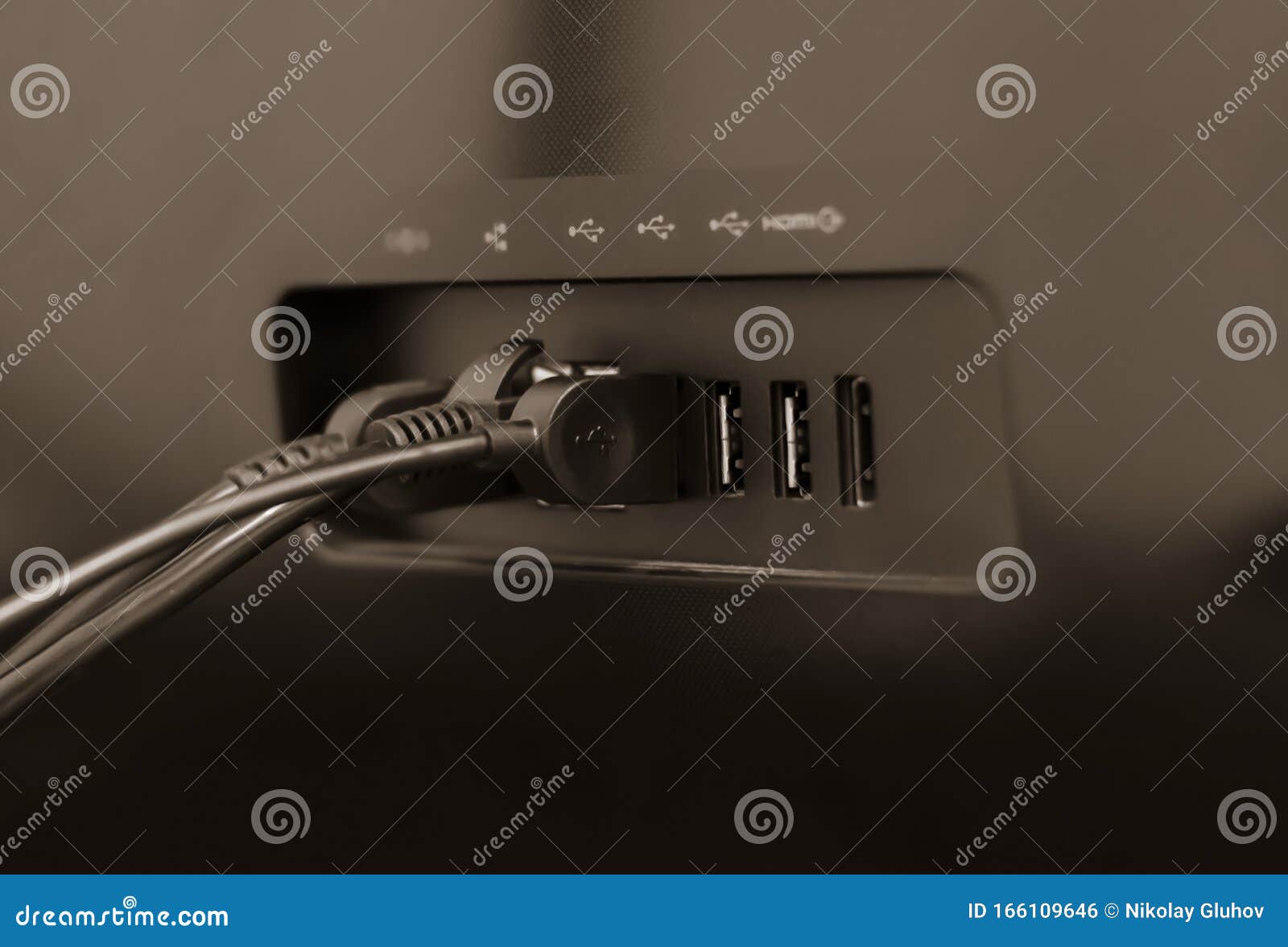 Back of Computer Monitor and Connectors with Wires Stock Photo Image of communication, close