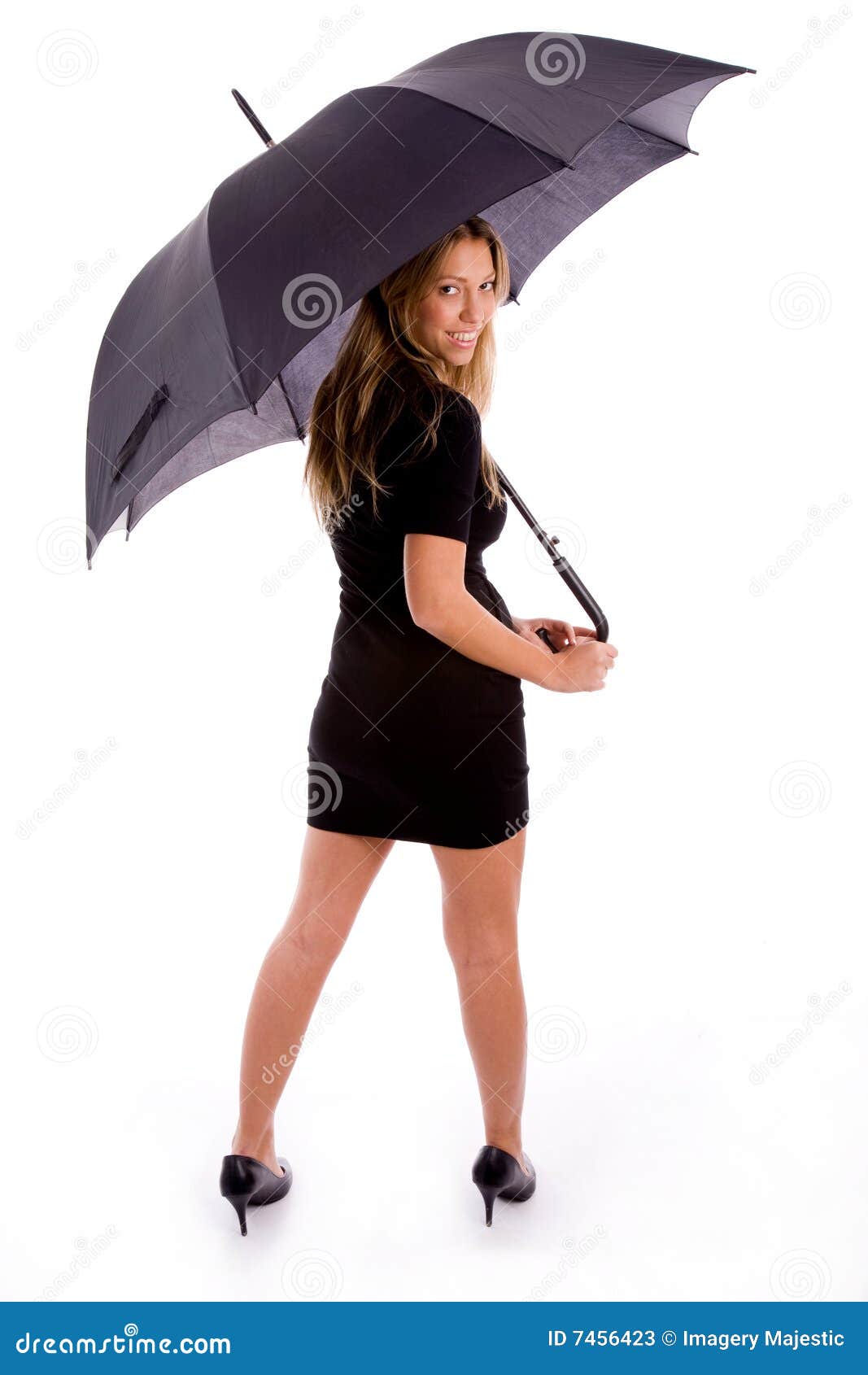 Back Pose of Smiling Female Holding Umbrella Stock Image Image of