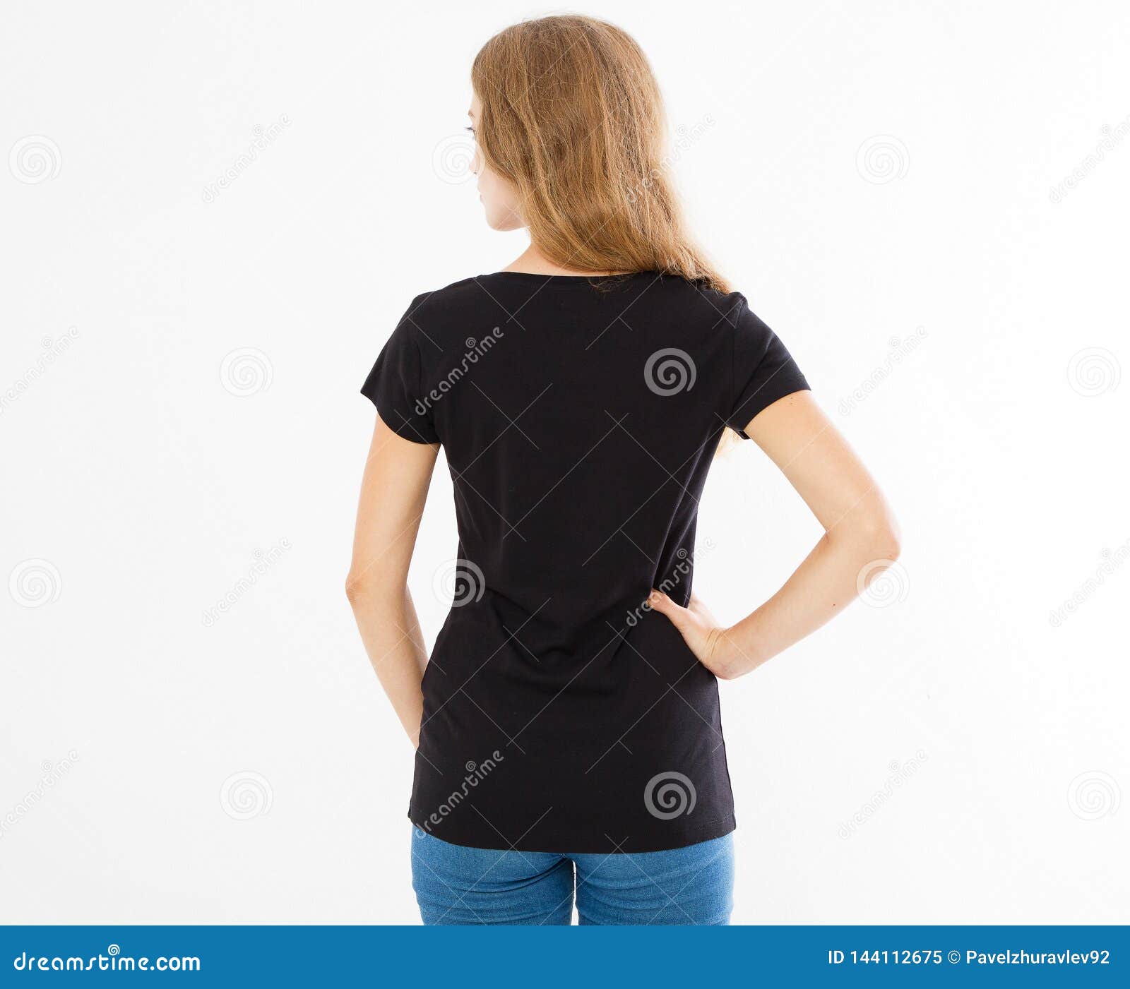Back Rear View: Woman In Black Tshirt Isolated, Girl In T ...