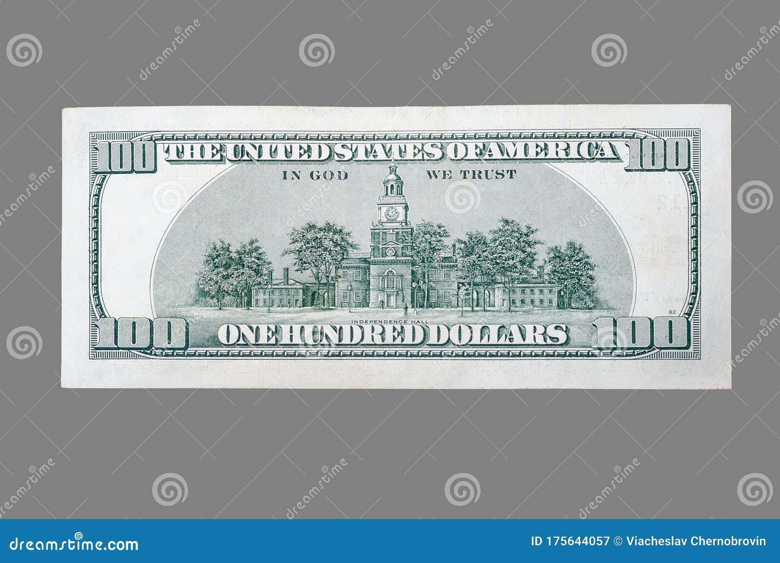 back side of a hundred dollar bill usa on  gray background