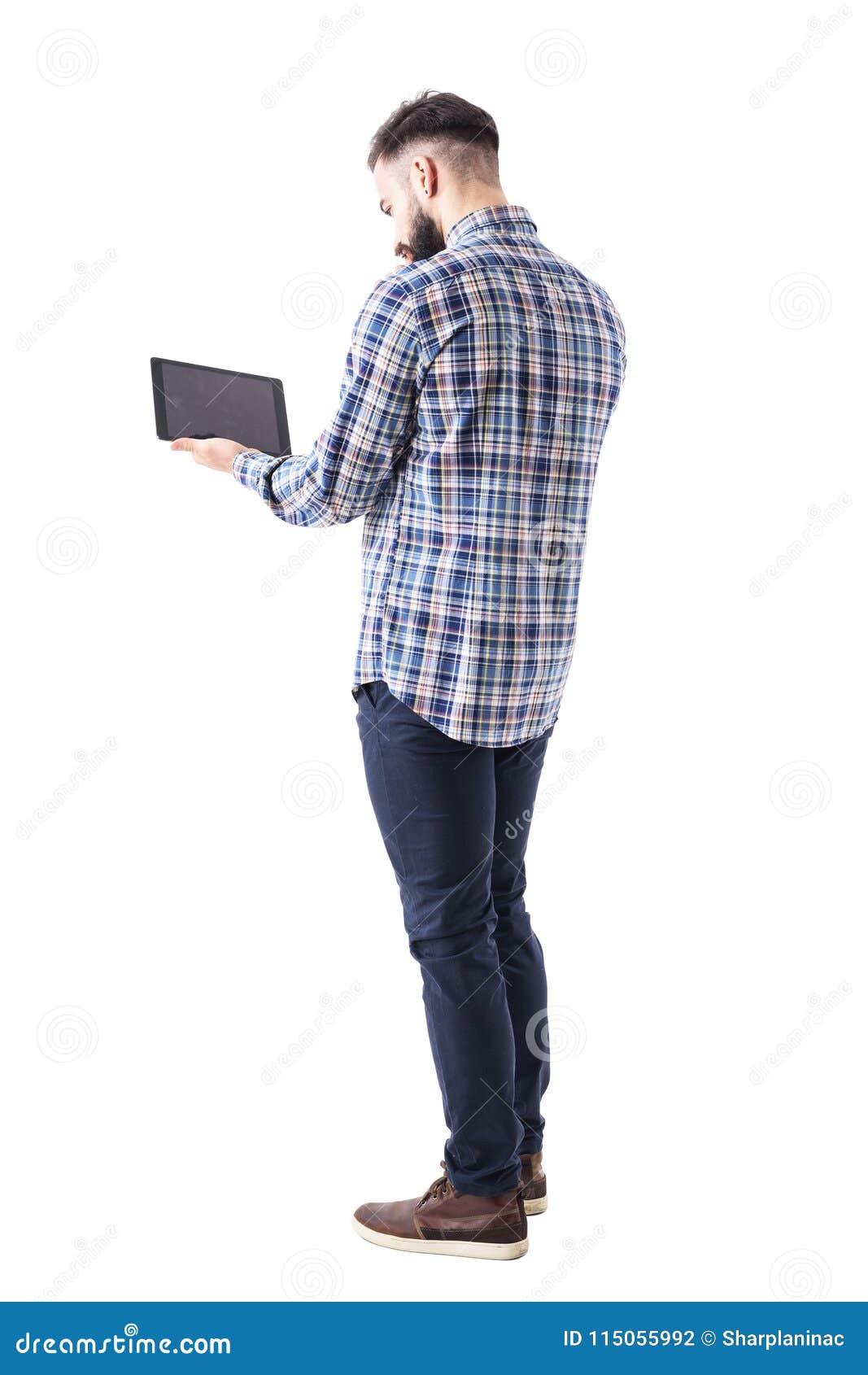 Back Side View of Young Business Man Using and Working on Tablet ...