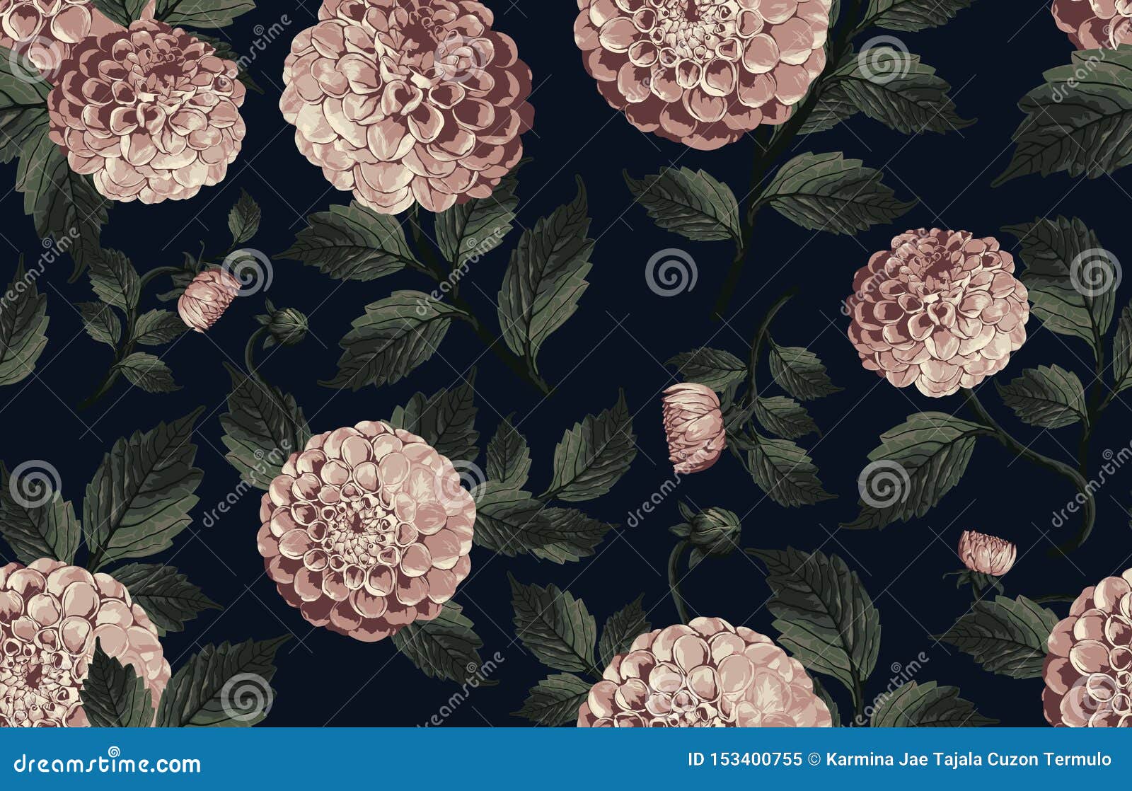 Seamless Pattern of Elegant Blush Toned Flowers on a Black Background