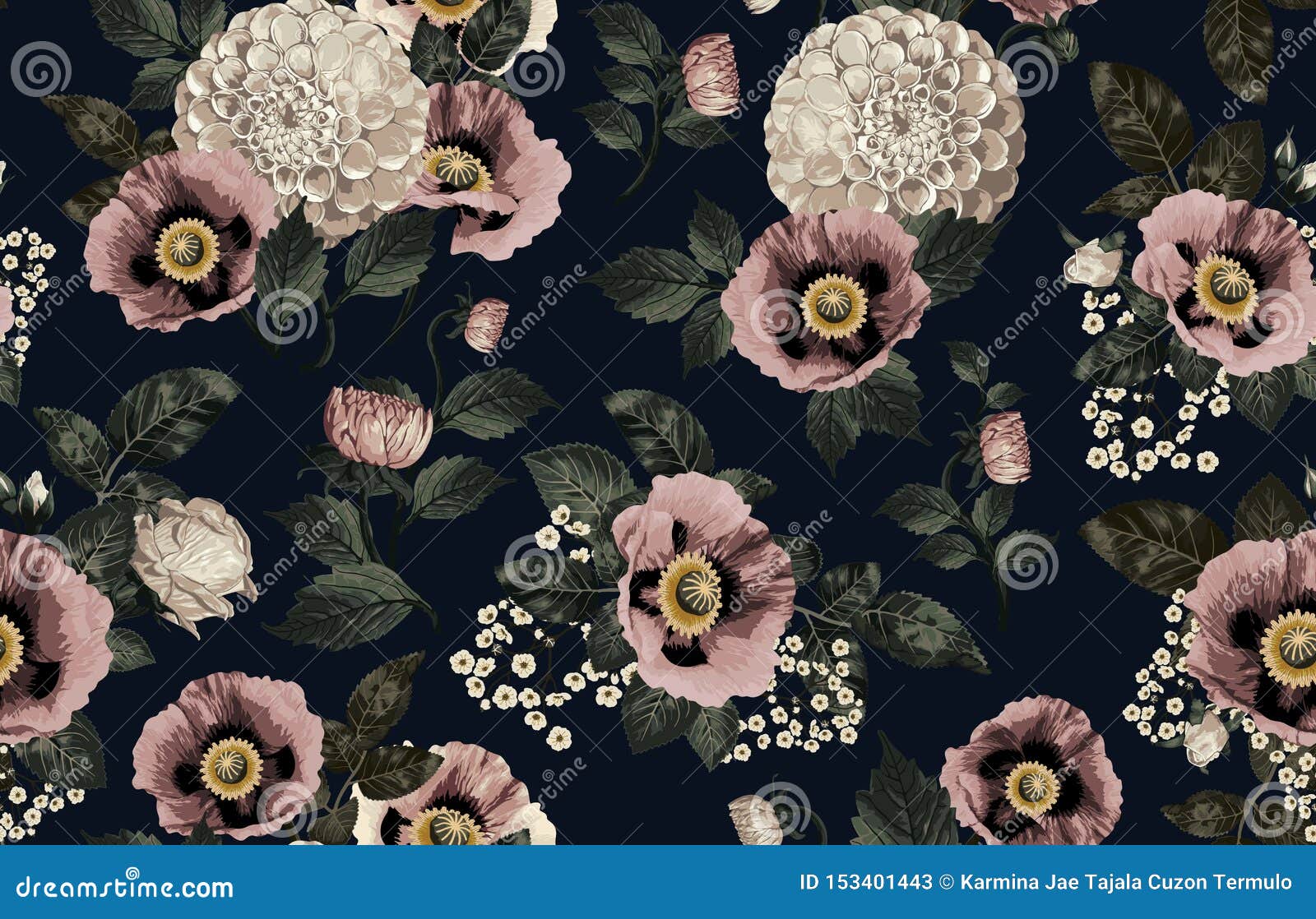 Seamless Pattern of Elegant Blush Toned Flowers on a Black Background