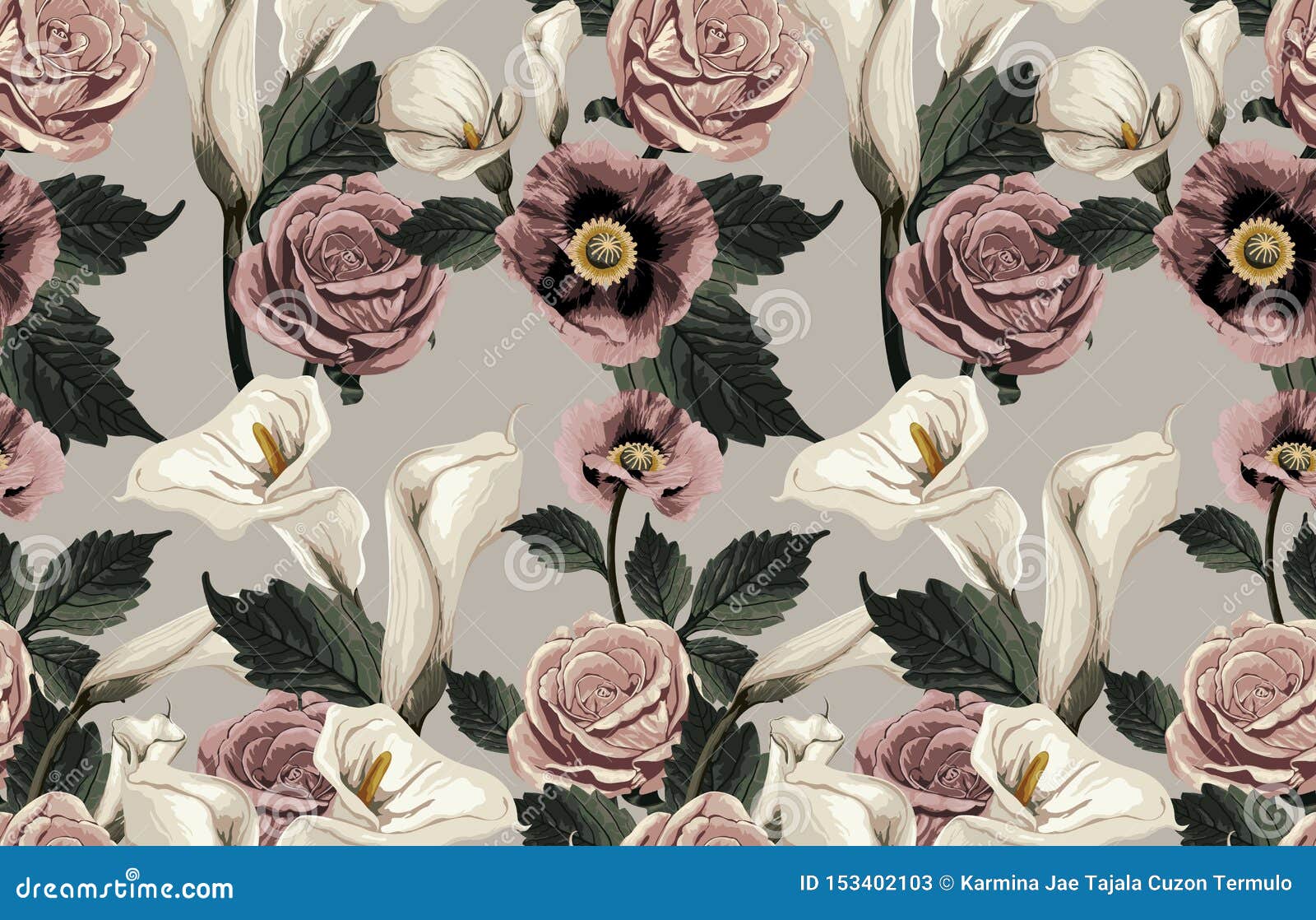 Seamless Pattern of Elegant Blush Toned Flowers on a Black Background