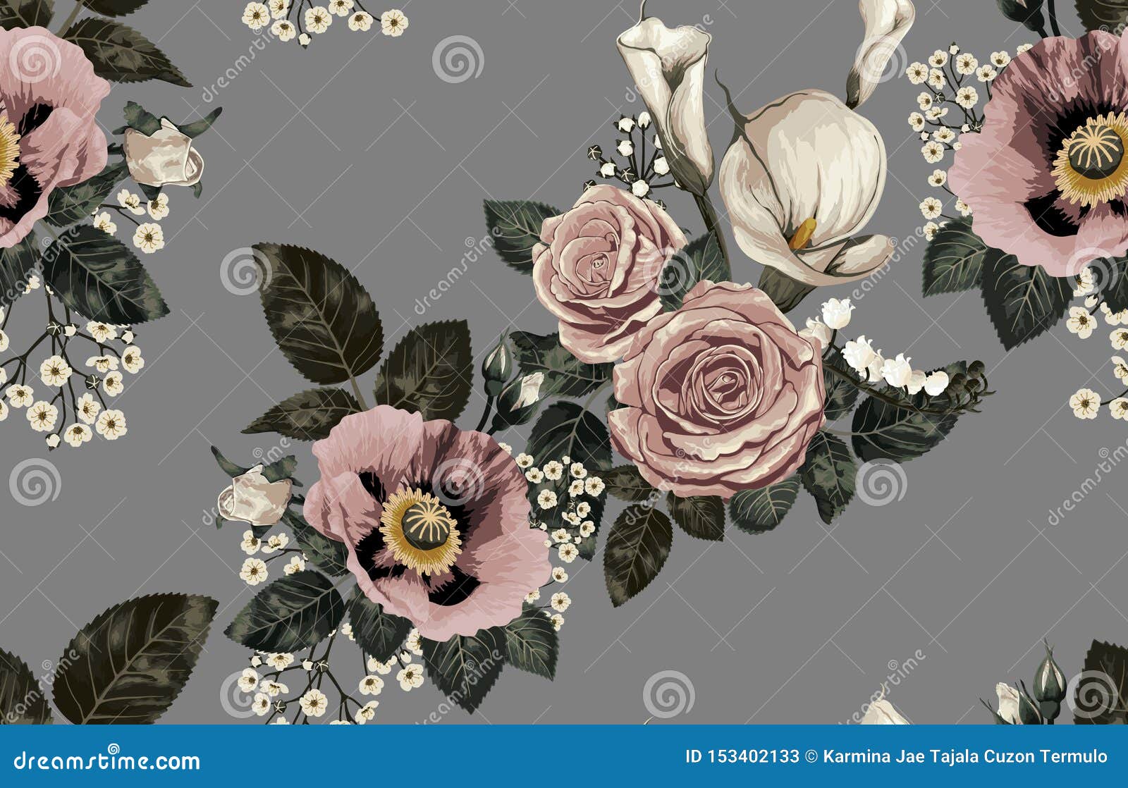 Seamless Pattern of Elegant Blush Toned Flowers on a Black Background