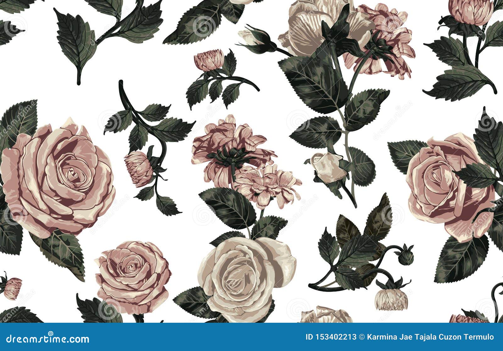 Seamless Pattern of Elegant Blush Toned Flowers. Stock Illustration