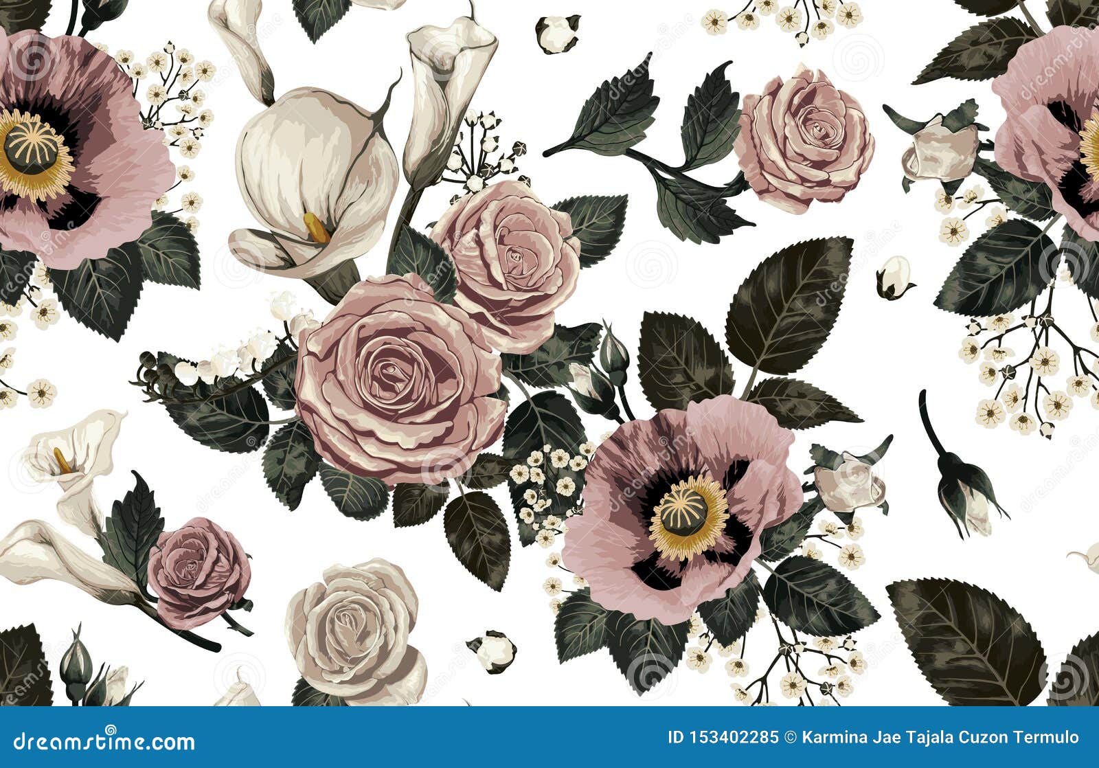 Seamless Pattern of Elegant Blush Toned Flowers. Stock Illustration