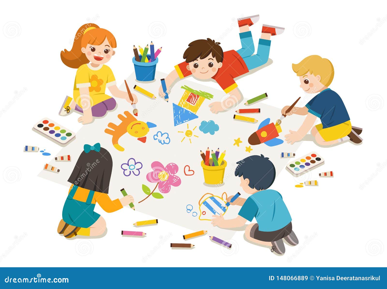 Happy Children Draw Pictures and Paints on Floor. Stock Vector