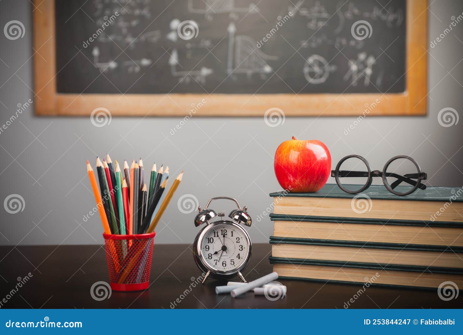 Apple Pencils Chalk Table Classroom Stock Photo by ©serezniy 349139000