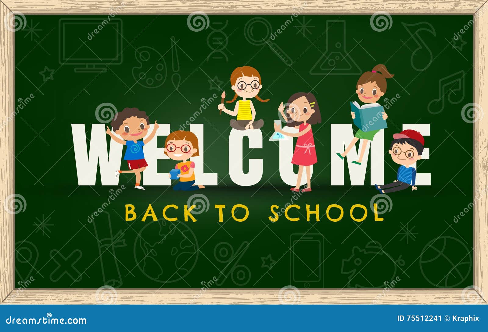 Back To School Background With Kids And Welcome Sign Stock Vector Illustration Of Background Green