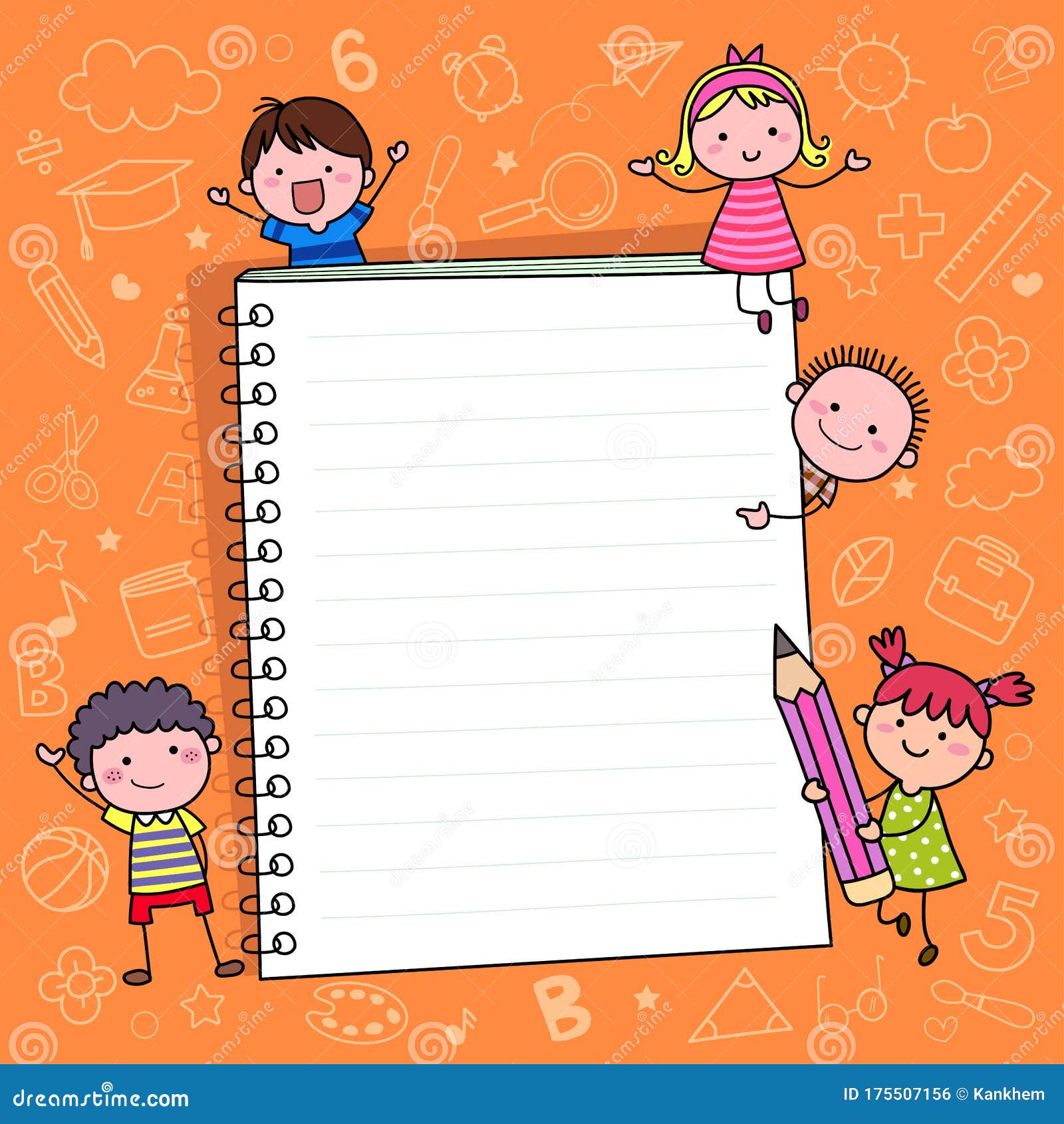 Vector of Back To School Background Template with Notebook and Kids. Hand  Drawn School Items and Cartoon Children Stock Vector - Illustration of  communication, hand: 175507156