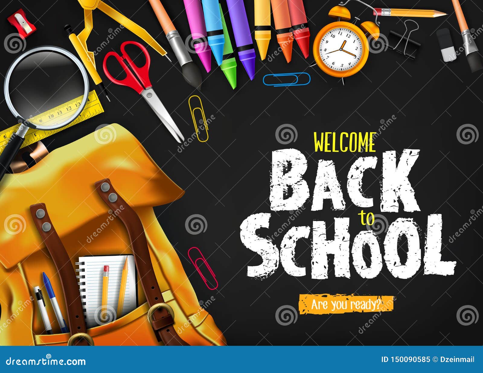 Back To School In Black Background Banner With Orange Backpack And School Supplies Stock Vector Illustration Of Class Back