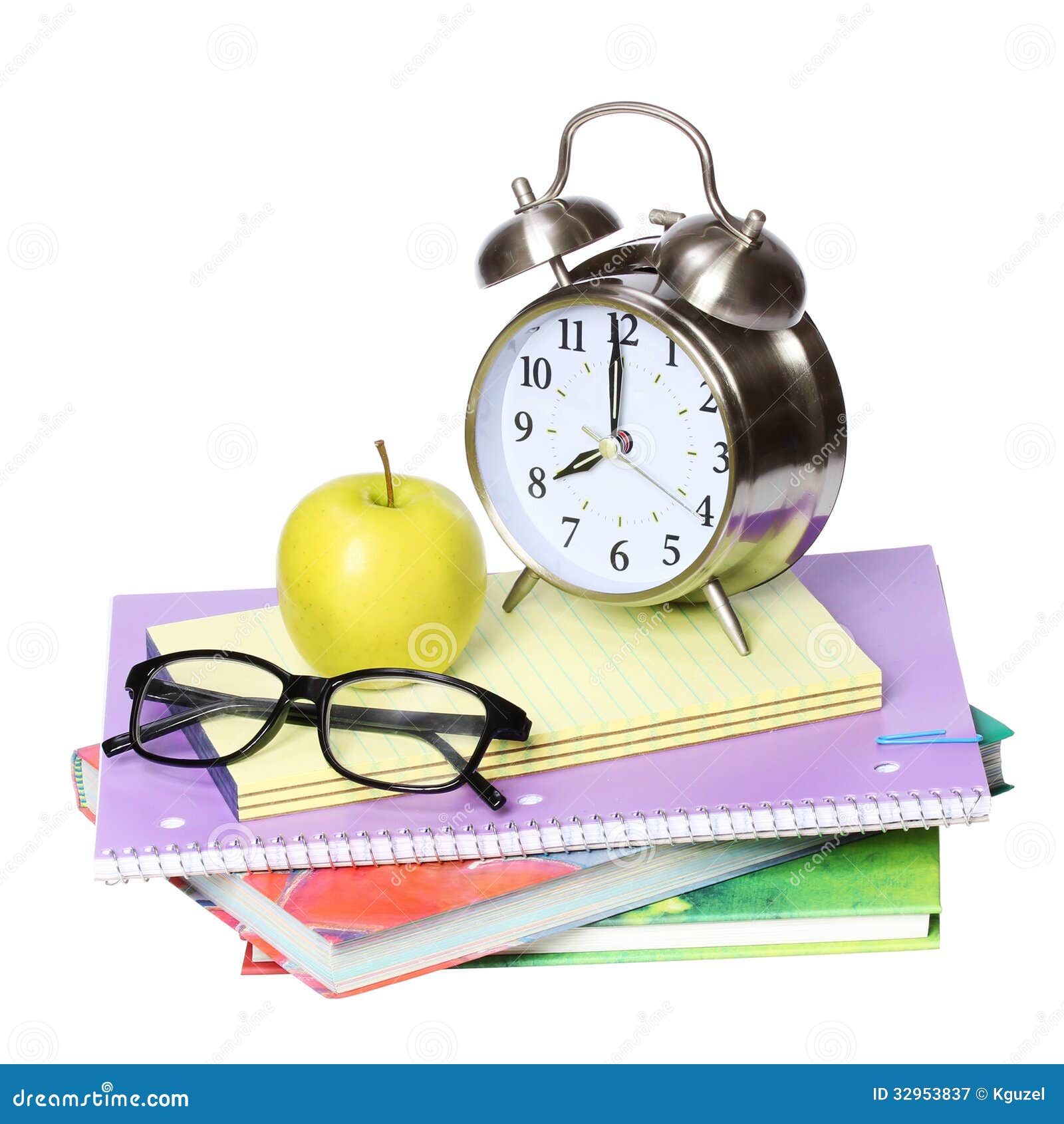 Back To School Concept. An Apple, Alarm Clock And Glasses On Pile Of Books Isolated On ...