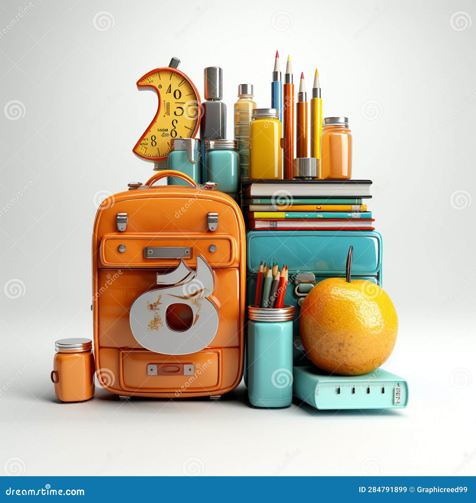 back to school concept with orange suitcase and stationery 3d render on gray background ai generative