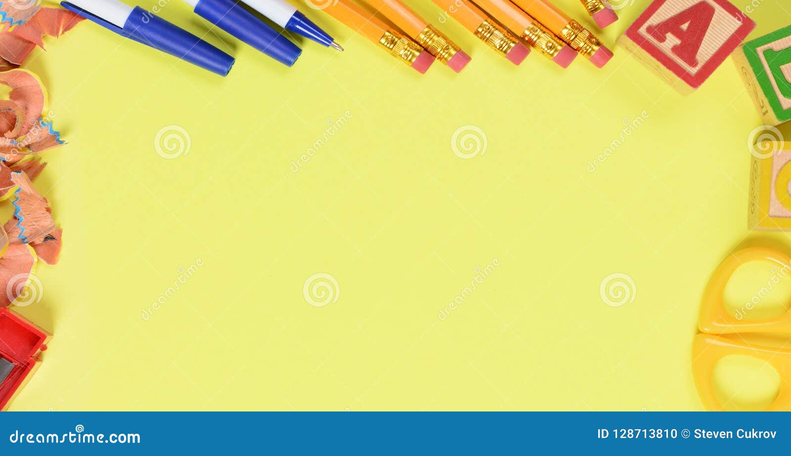 Back To School Concept: School Supplies on a Yellow Background Stock Photo  - Image of yellow, paper: 128713810