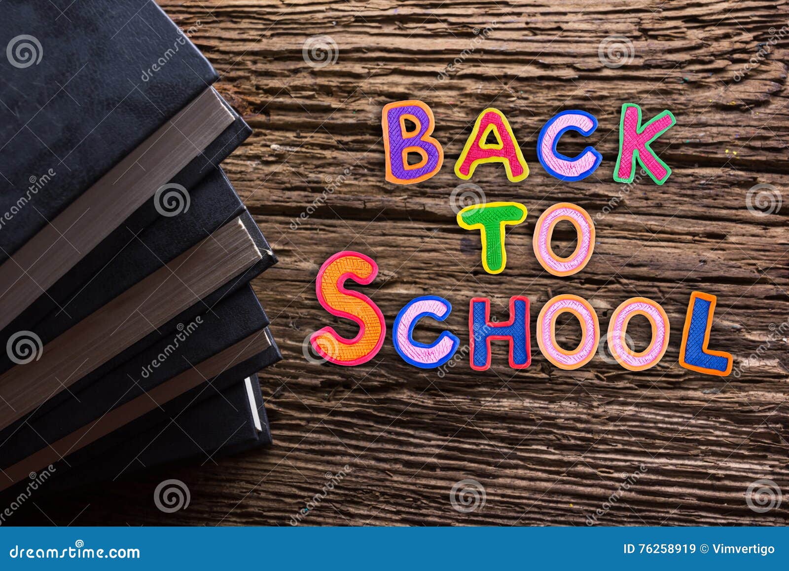 Back To School Desk Table Top View Words On Grunge Old Wooden