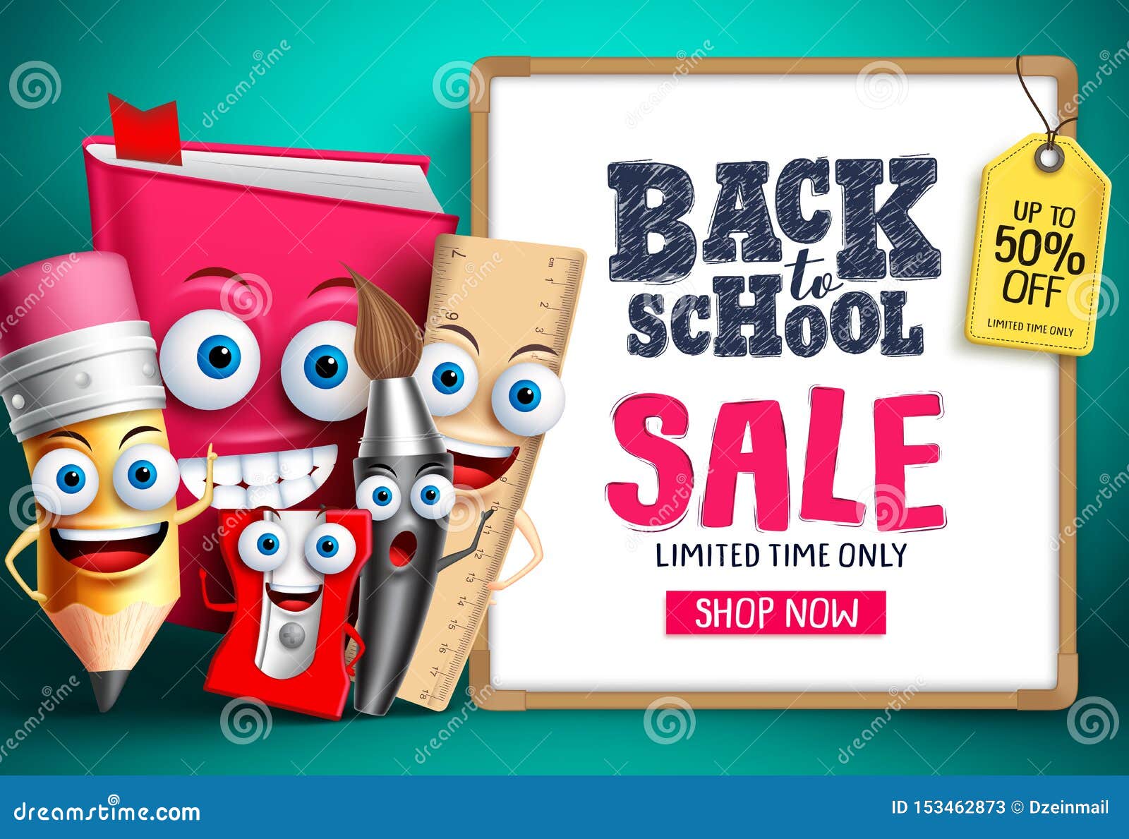 back to school sale with school  characters. education items mascots happy showing whiteboard