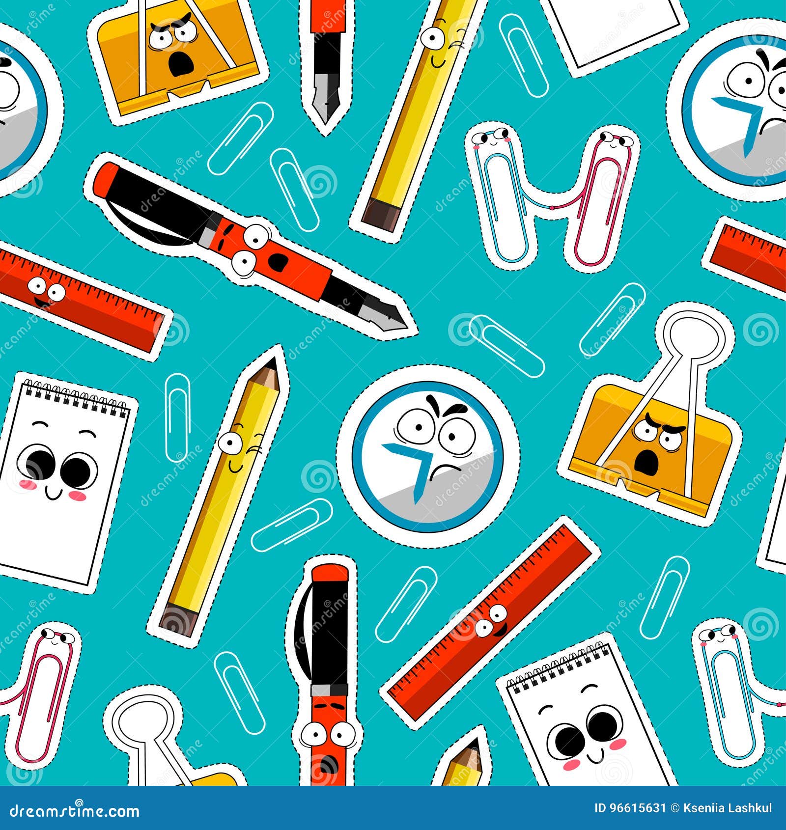 Back To School Seamless Background. Office and School suppllies colored vector. Cartoon Funny Emoticons. Vector.