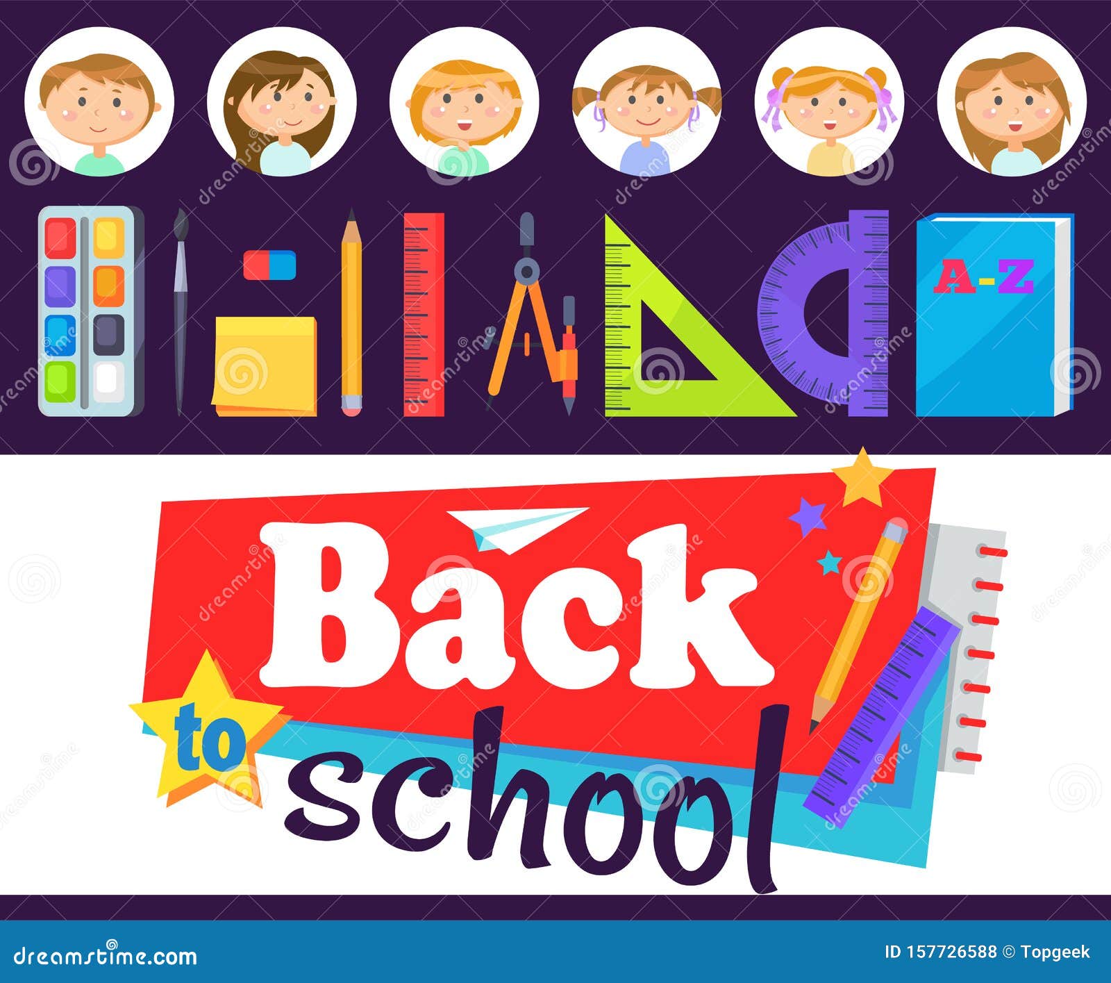 Back To School, Students Kids, Supplies For Lesson Stock