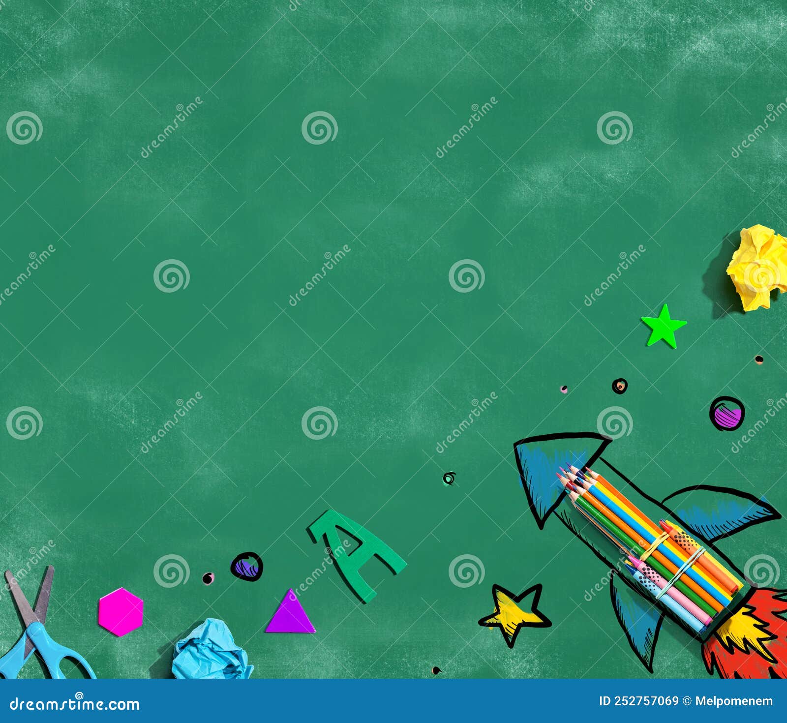 Back To School Theme with a Rocket with School Supplies Stock Image