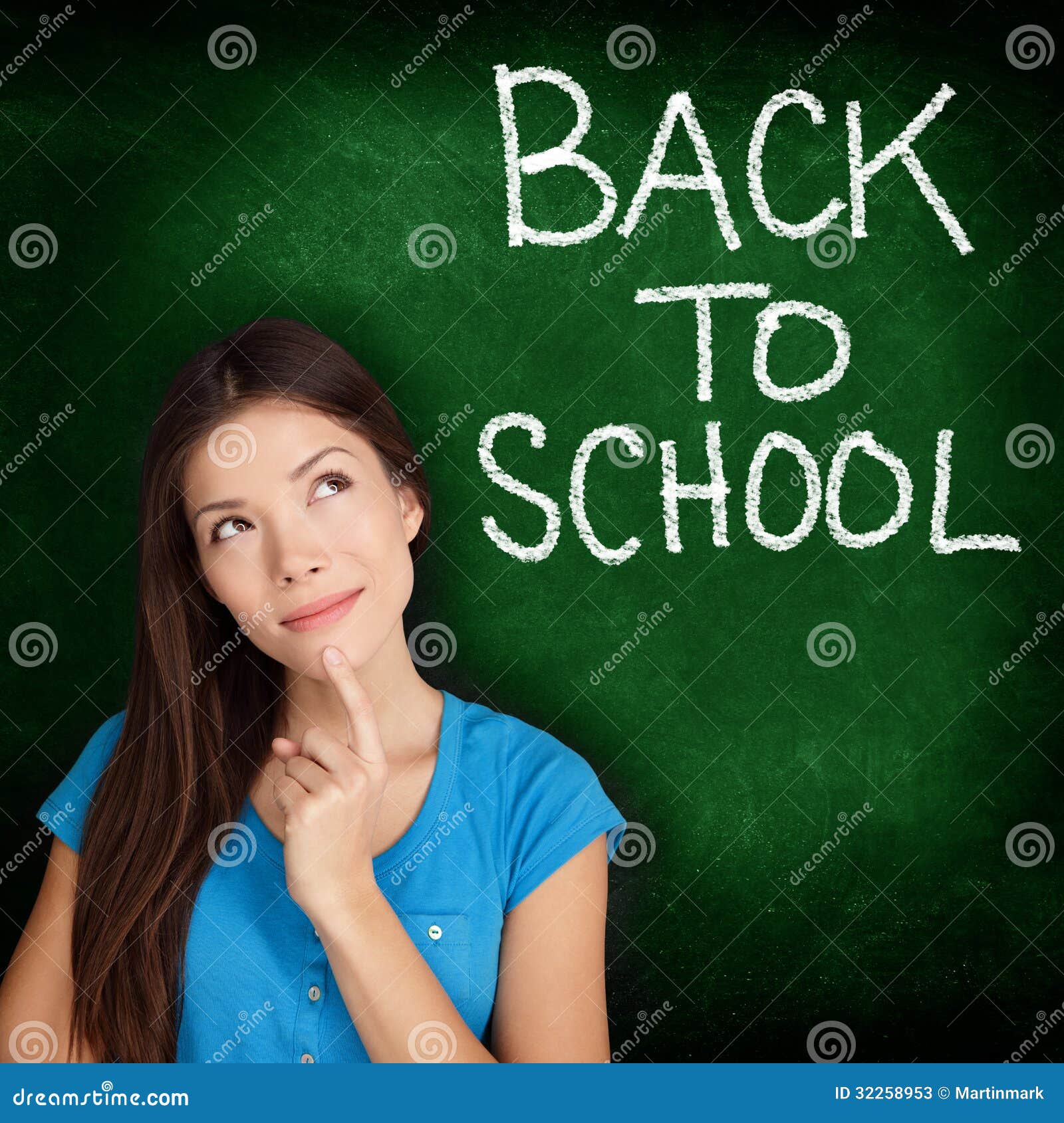 back to school university college student teacher thinking looking up side blackboard written 32258953