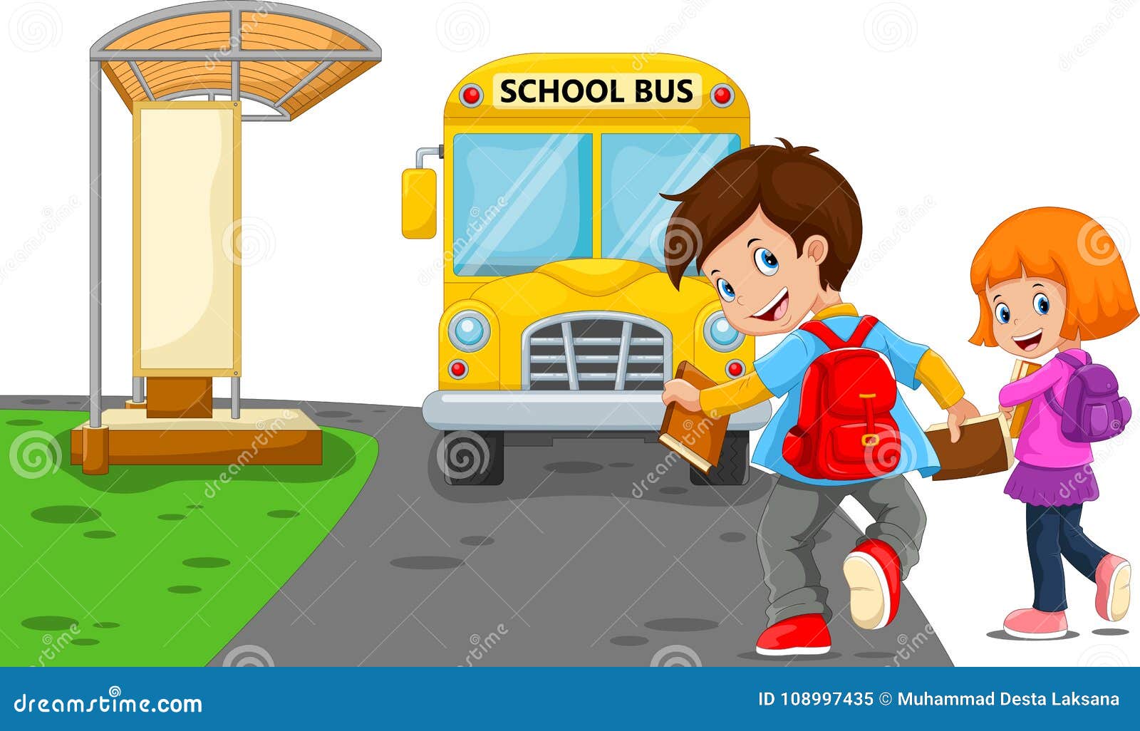 Back To School. Vector Illustration of Cartoon Kids Going To School with  School Bus Stock Illustration - Illustration of sign, group: 108997435