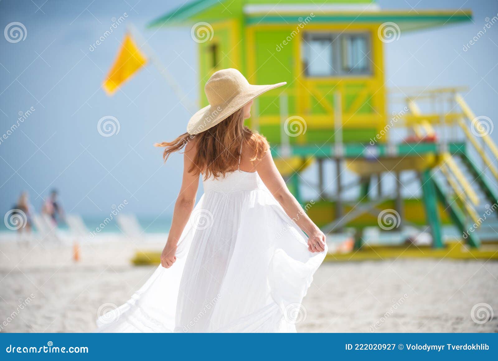 Back View of Beautiful Woman Walking on the Miami South Beach. Girl ...