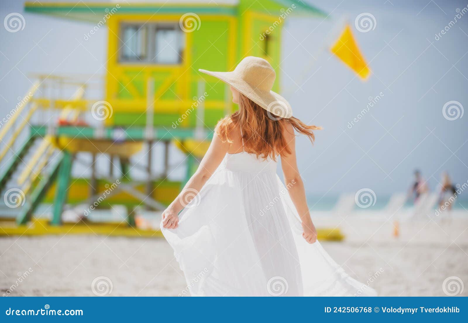 Back View of Beautiful Woman Walking on the Miami South Beach. Girl ...