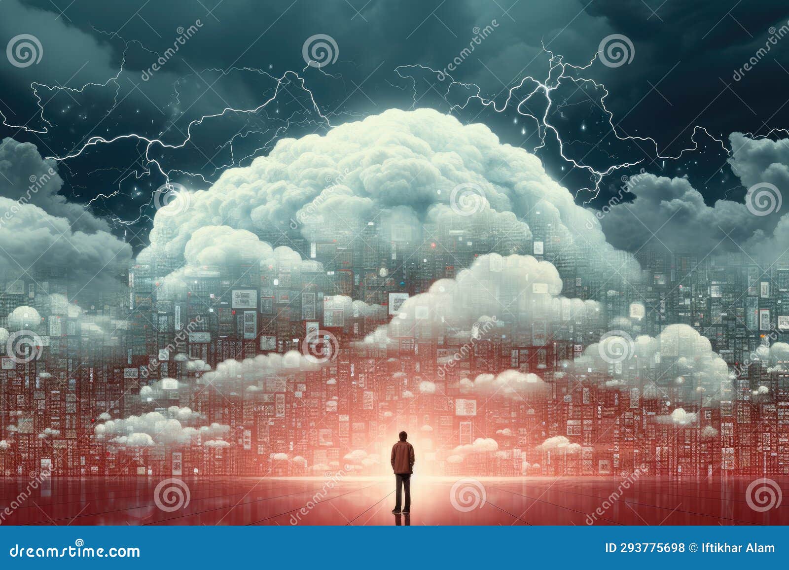 back view of businessman looking at abstract cloud and cityscape on background, datos en la nube y red.concepto de ciencia y