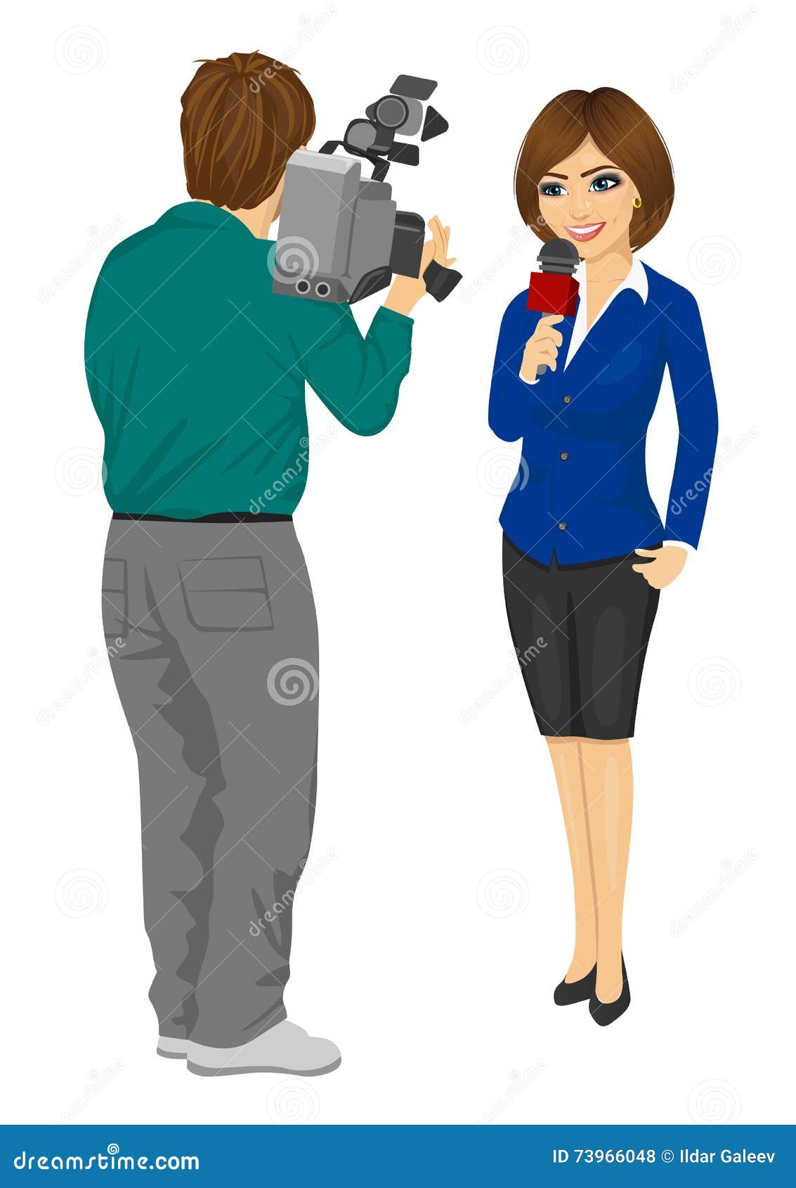 back view of cameraman recording female journalist or tv reporter presenting the news in studio