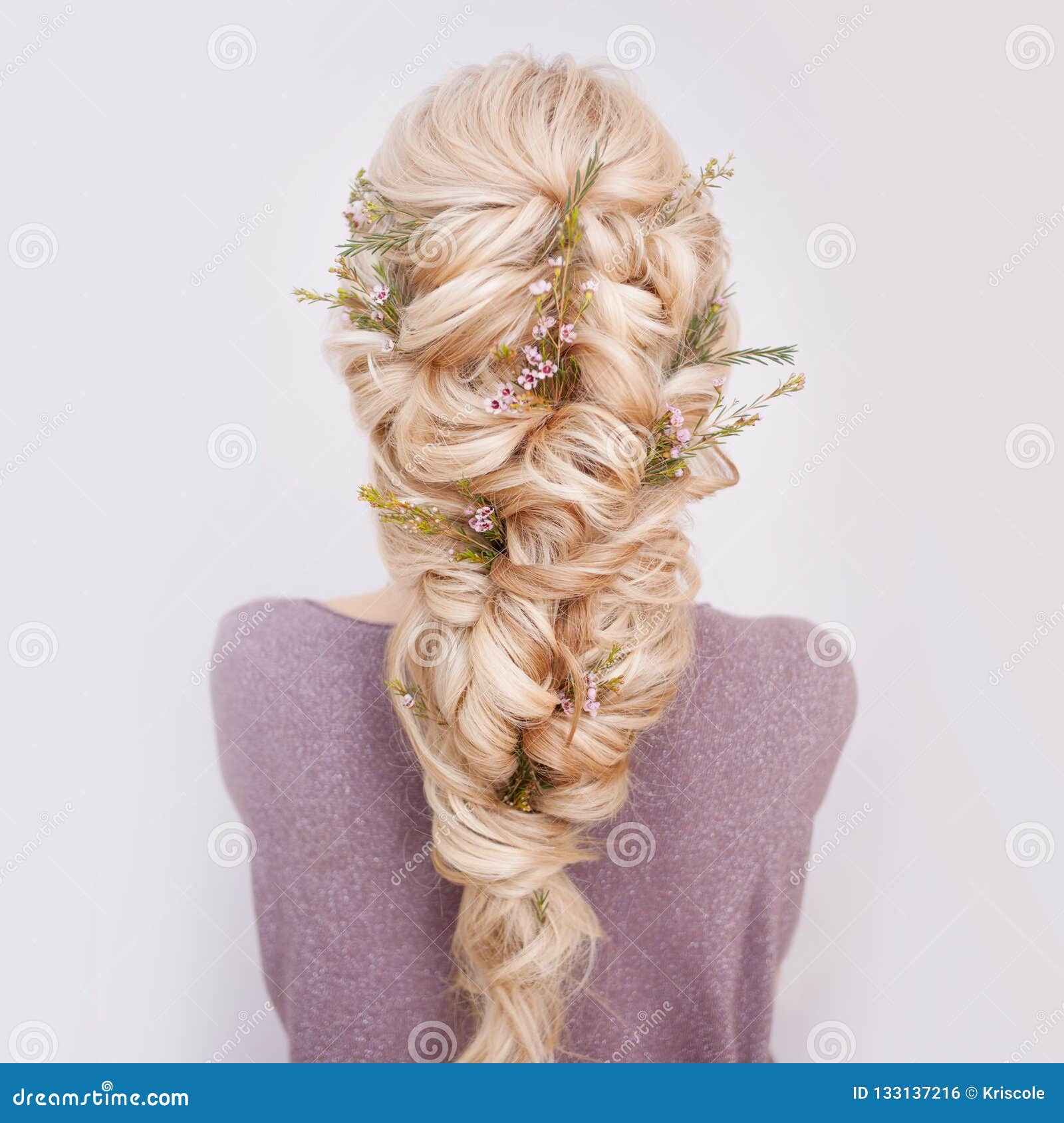 Back View of an Elegant Trendy Hairstyle, Interlacing Curls and Decorating  with Flower Petals Stock Photo - Image of health, blonde: 133137216