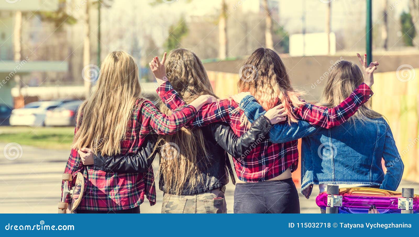 Back View of Four Girl Friends Hugging Stock Photo - Image of four ...
