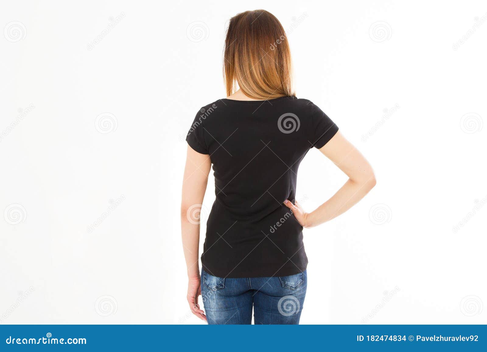 Download Back View Of Girl In Black Shirt Mock Up Isolation Over ...