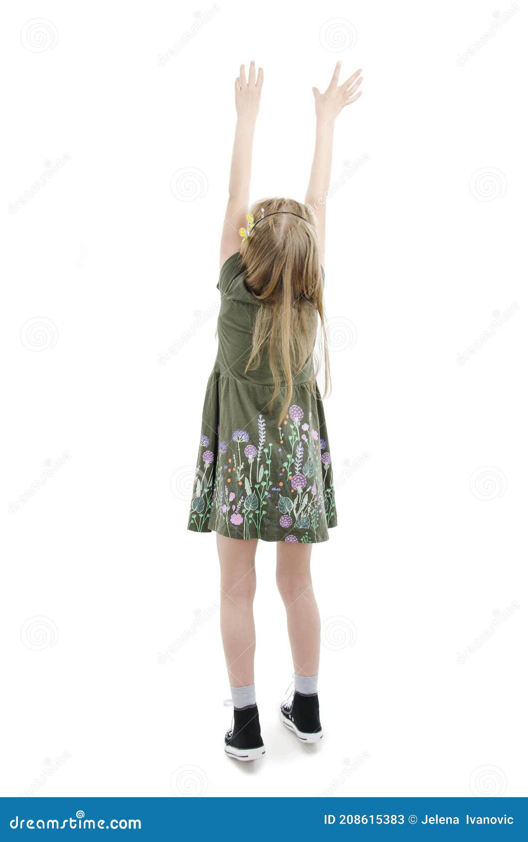 Back View of Little Girl Trying To Catch Something Isolated on White ...