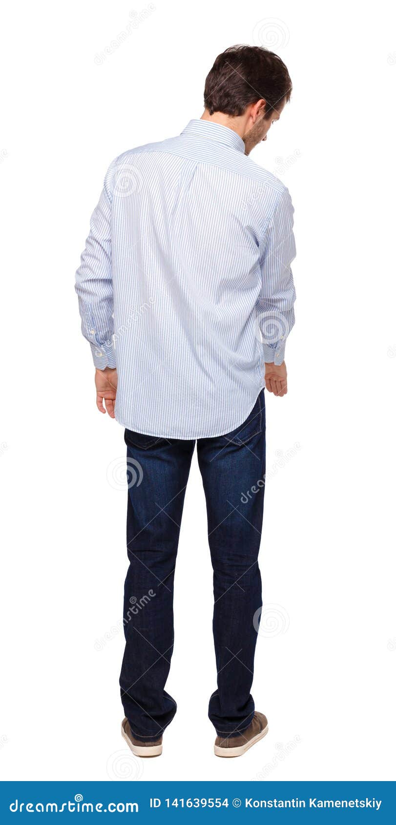 Back View of a Man in Jeans Points His Hand Upwards Stock Photo - Image ...