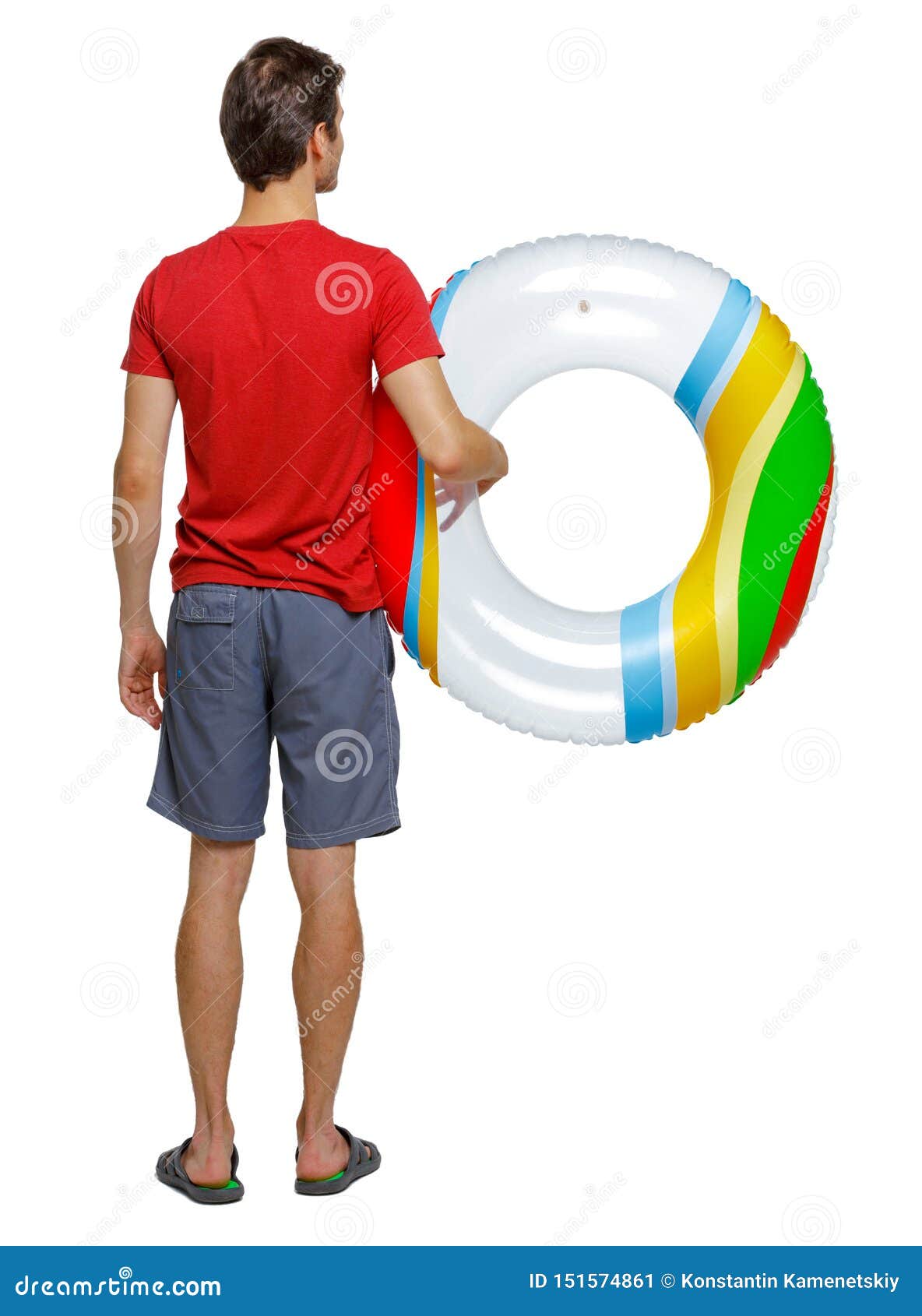 Back View Of A Man In Shorts With An Inflatable Circle Stock Image Image Of Back Rear 151574861