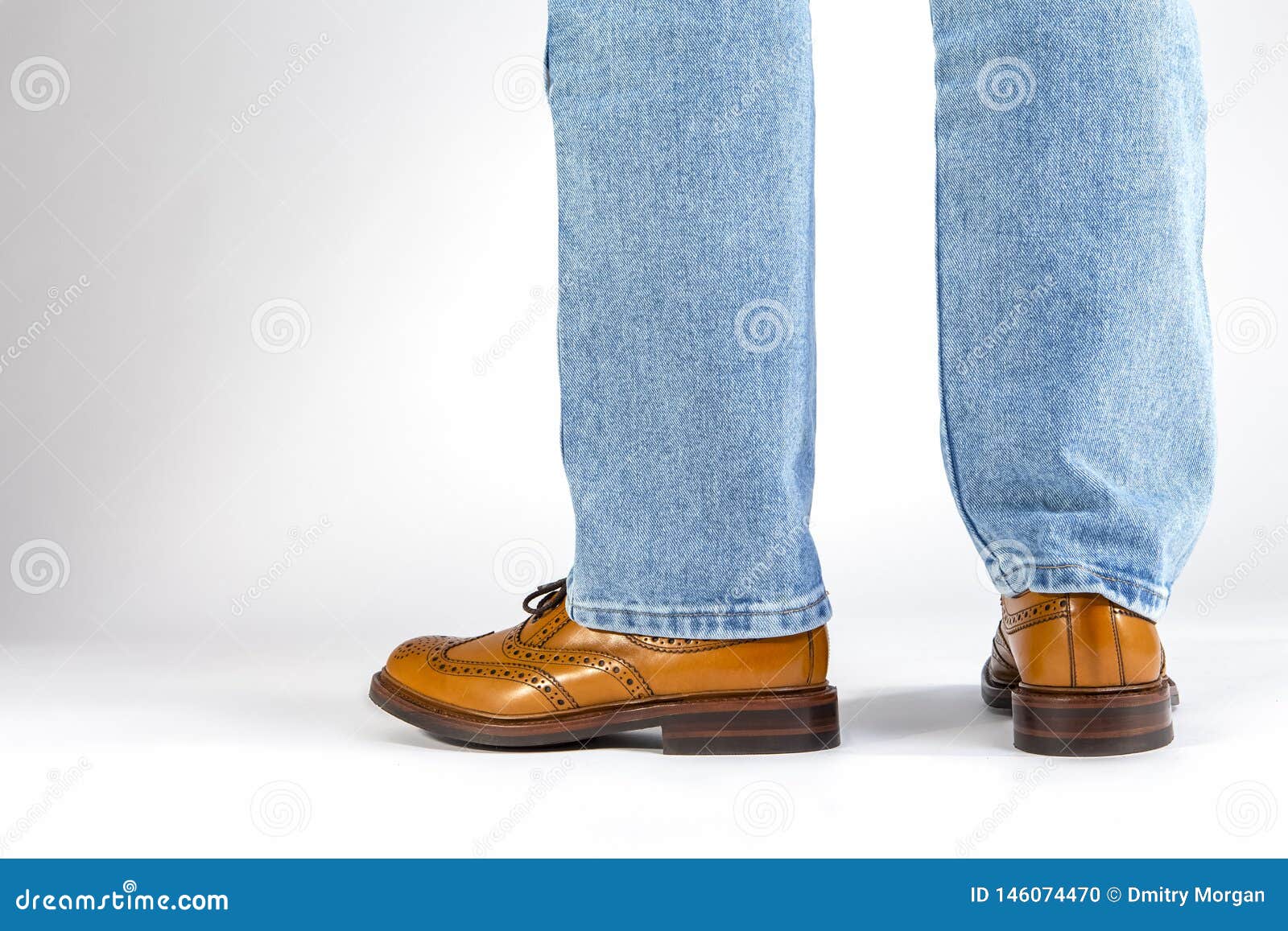 Back View of Mens Legs in Brown Oxford Brogue Shoes. Posing in Blue ...