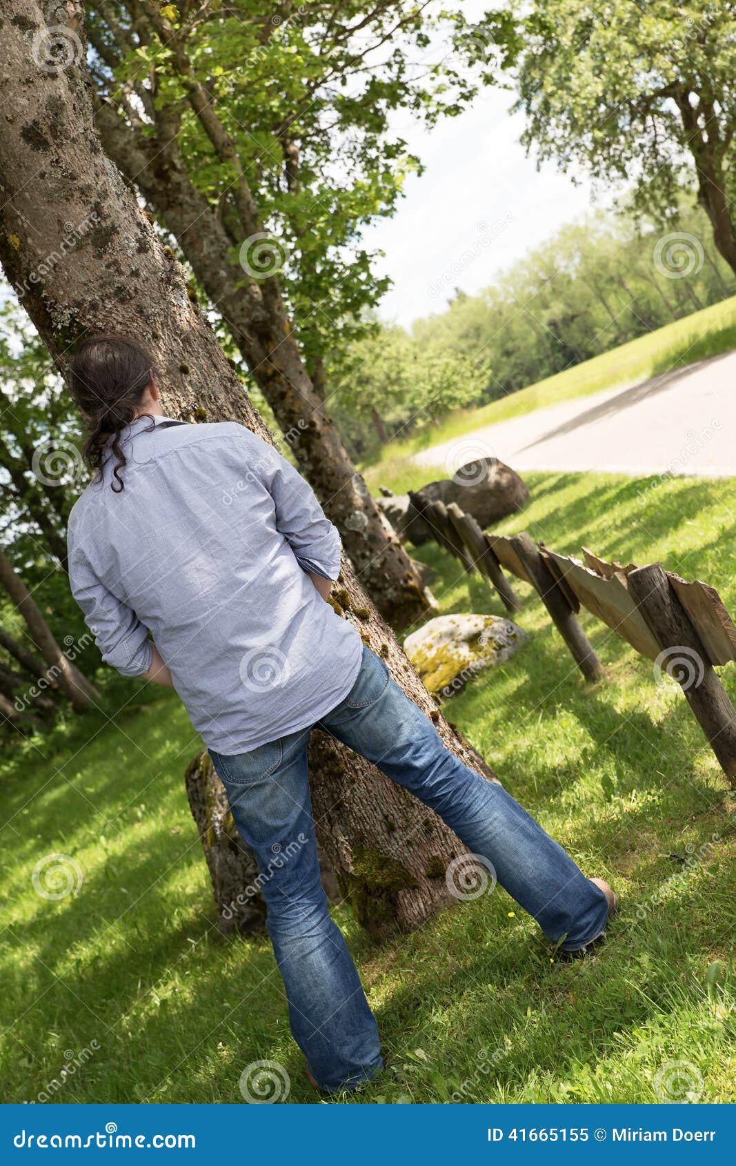 Back View Of A Peeing Man In The Nature Stock Image